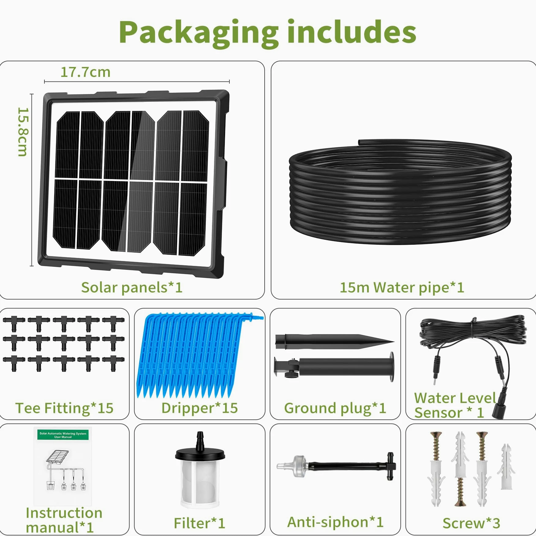 Forever Speed Sistema de Riego Automático Solar 6 Modos con sensor de Agua, Kit de Sistema de Riego por Goteo Automátic con Manguera de 15 M para Jardín, Balcón