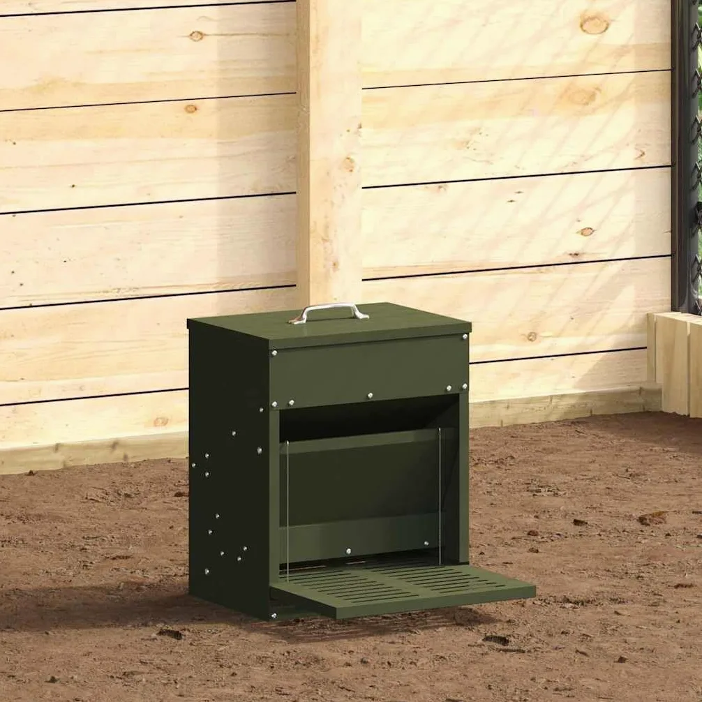 Comedero para patadas de pollo verde oliva 33 x 42 x 40 cm de acero resistente a la intemperie, para interior y exterior con capacidad de 10 kg, práctico dispensador de comida y agua
