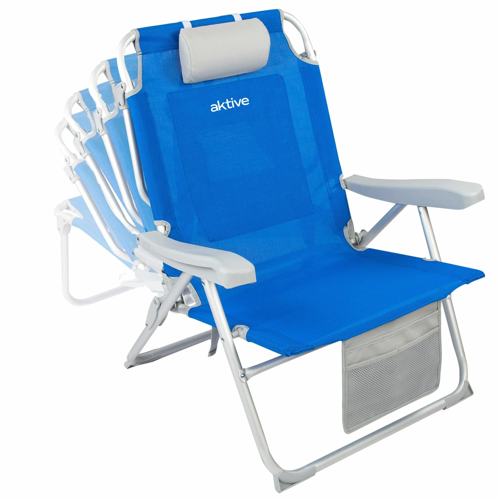 Aktive 62633 - Silla playa plegable y reclinable 5 posiciones, Silla portátil plegable 55x67,5x86cm, Incluye cojín, 1 bolsillo, 1 bolsa con cremallera y topes antivuelco, Sillas de playa