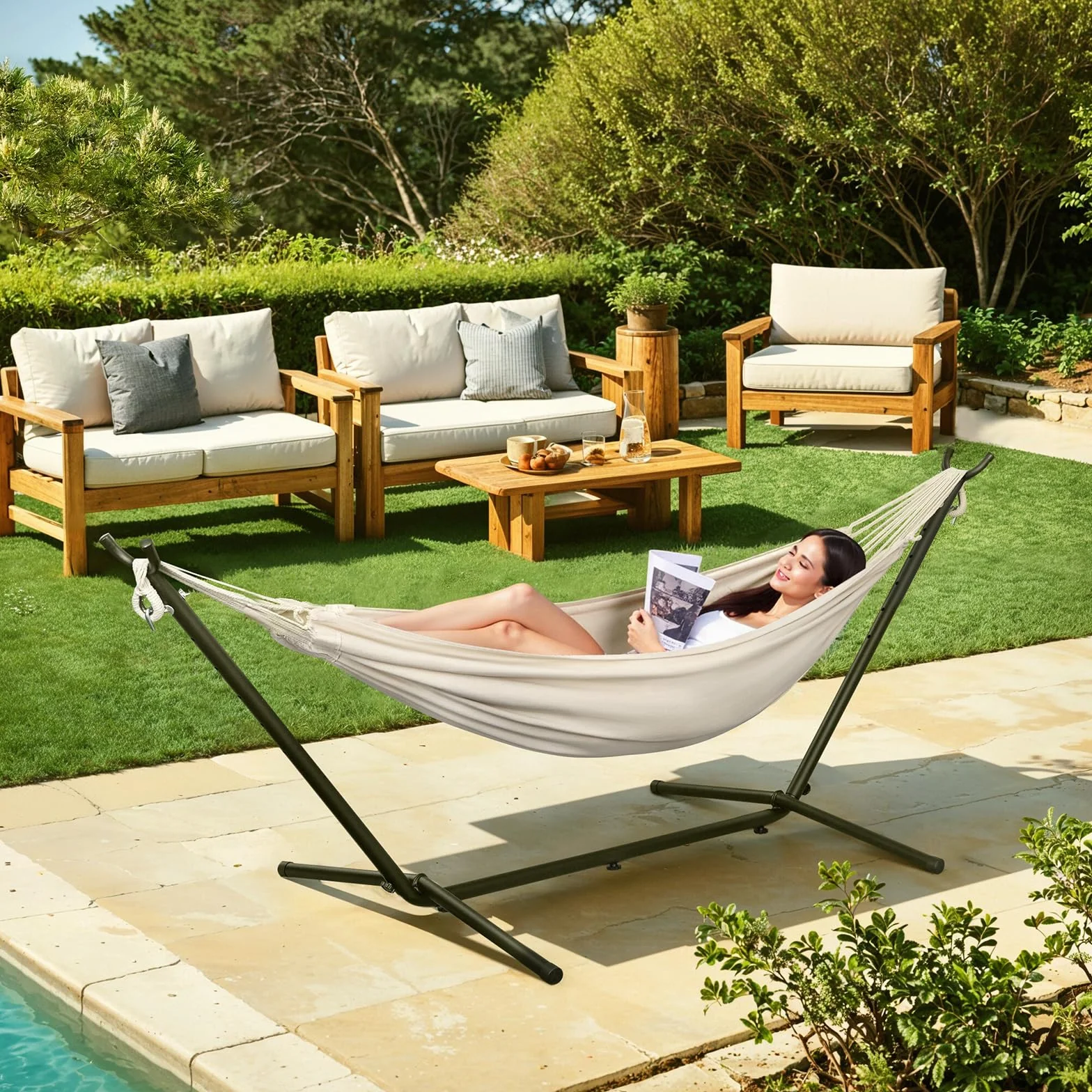 Laneetal Hamaca Jardín Tumbonas, Hamaca para 2 Personas con Soporte Metálico, Capacidad 250 kg, con Bolsa de Transporte, para Terraza, Jardín y Piscina, 280x106x100 cm (Beige, 280x106x100 cm)