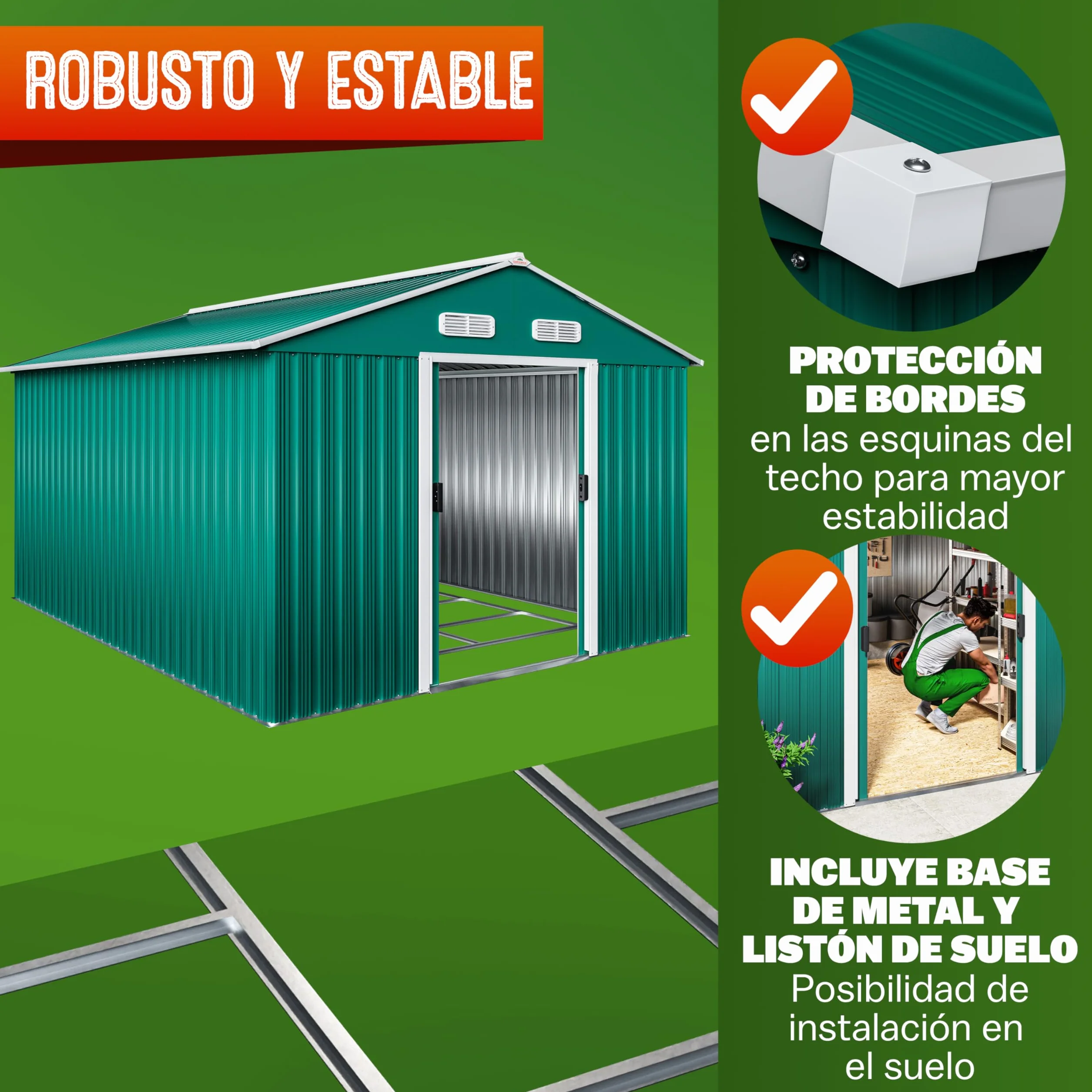 GARDEBRUK® Cobertizo de Jardín 8 m² 312x257x178 cm Caseta Metálica Exterior 15m³ con Base Puerta Corrediza Verde