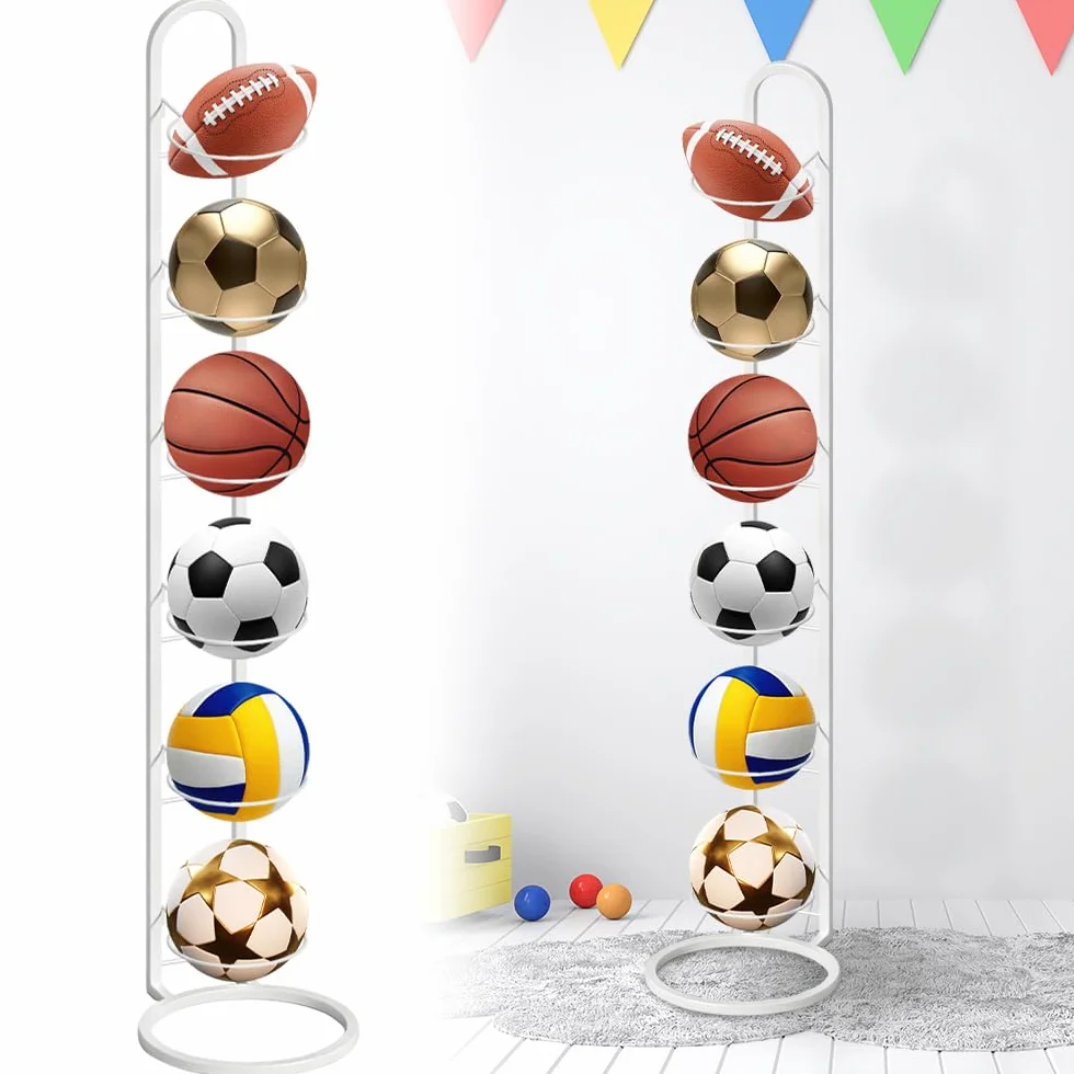 Soporte de Pelota de Metal para Baloncesto Fútbol Rugby Voleibol, Estante de Almacenamiento Vertical Extraíble, 6 Niveles Blanco