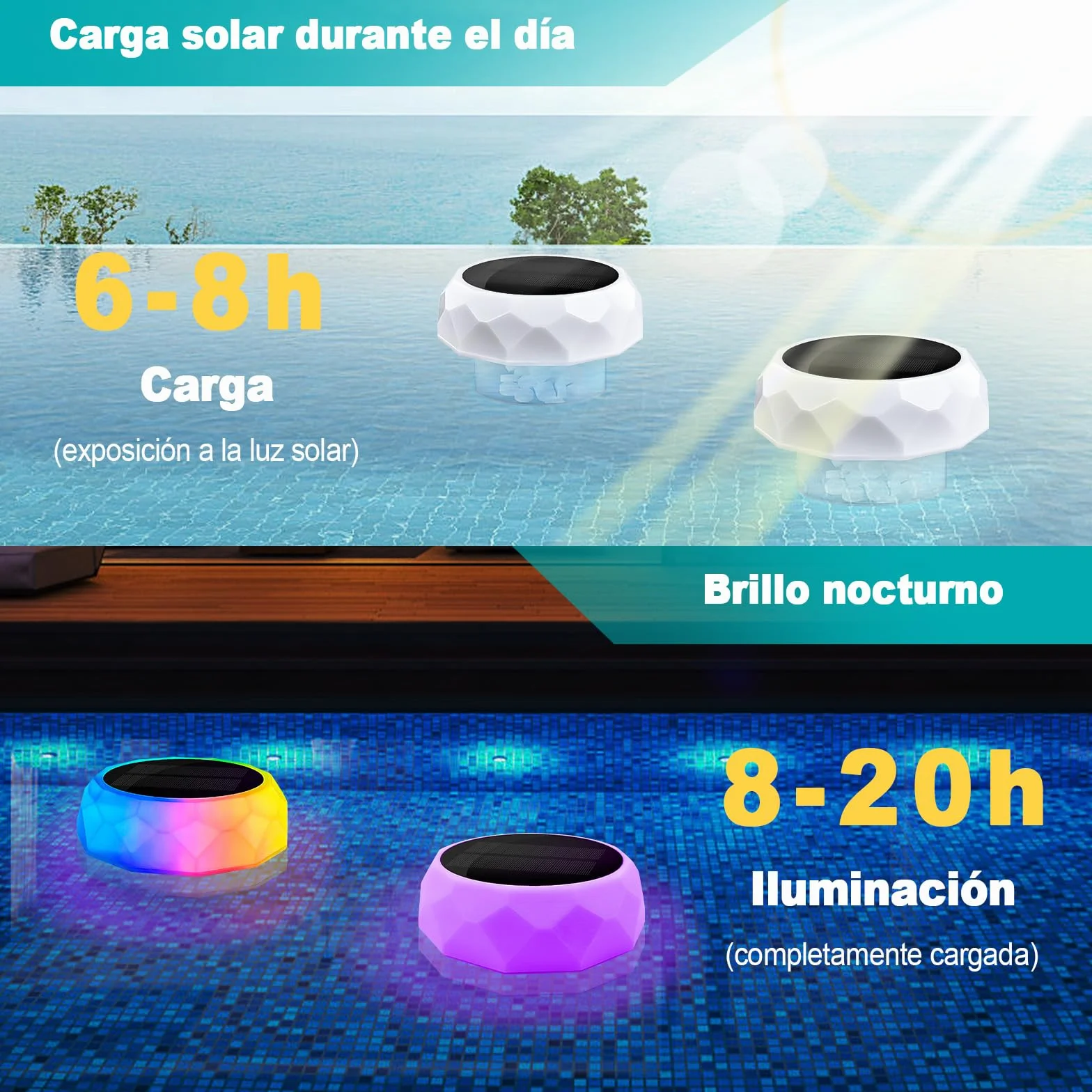 IEEILULU Iluminación LED para Piscinas con Cambio de Color, Luz Subacuática para Piscinas, Luz Solar Flotante para Piscinas Parques Acuáticos y Piscinas, Estanques, Fuentes Usos (2pcs)