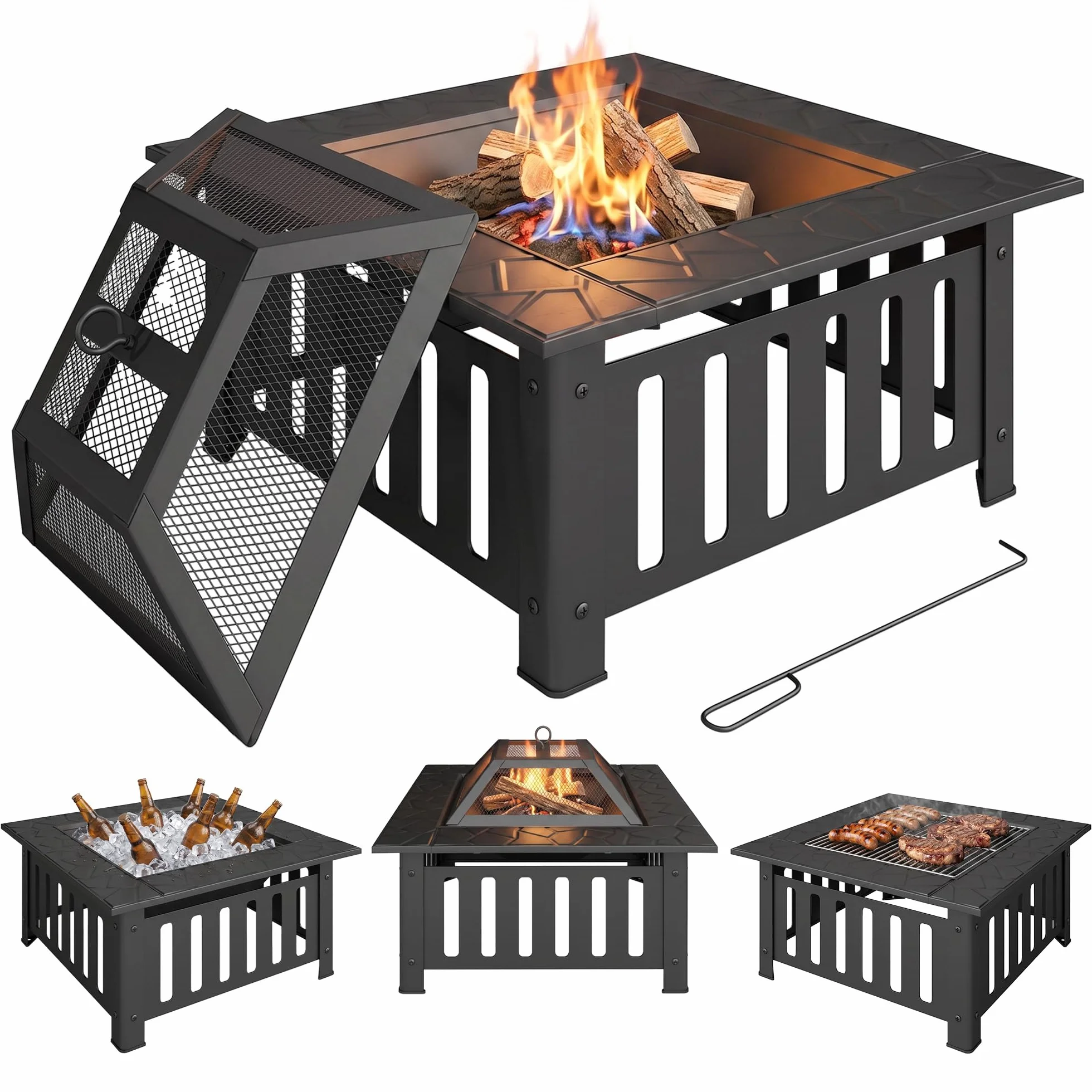 Outsunny Brasero Exterior de Acero Cuadrado, 67x67x47 cm, Brasero Exterior Jardín con Atizador, Tapa de Malla, para Terraza, Camping, Fiesta, Negro