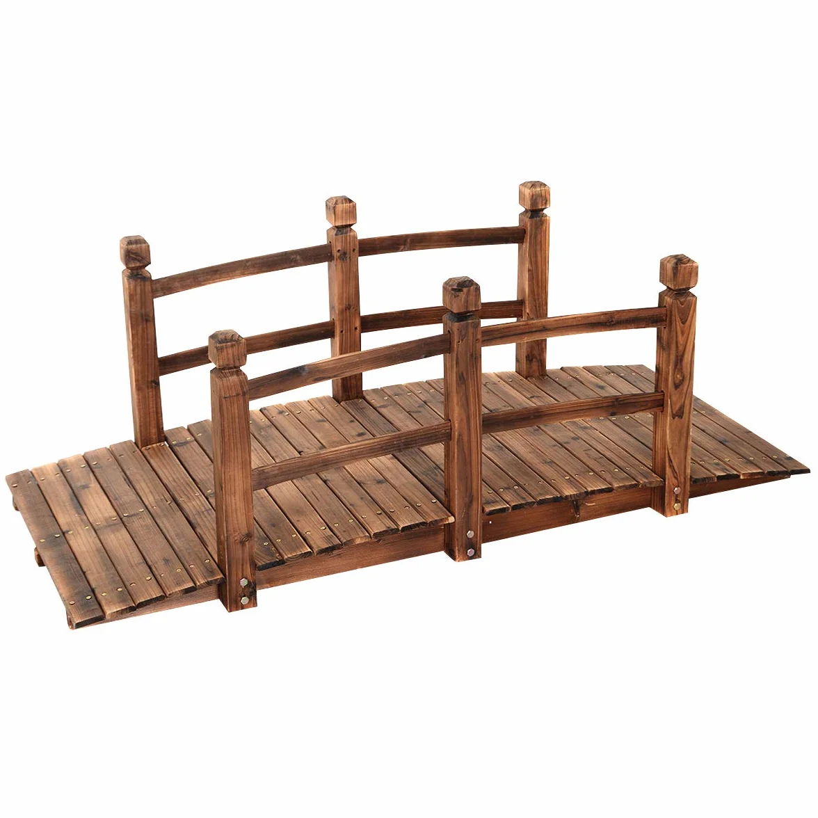 GOPLUS Puente de Madera rústico y Macizo, con Mano Corriente, decoración de jardín, Puente de Estanque, soporta un Peso máximo 100 kg, 150 x 67 x 55 cm (marrón)