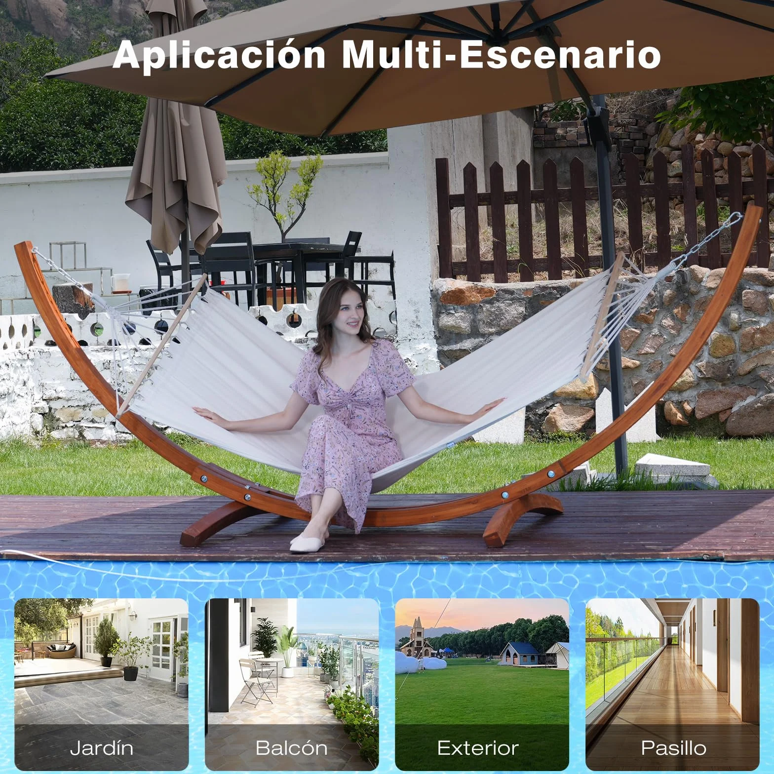 Hamaca con Soporte de Madera, Incluye 2 Hamacas, Carga 200 kg, 320x120x120 cm, Estructura Arqueada Estable de Madera, Altura Ajustable, para Jardín, Terraza y Balcón