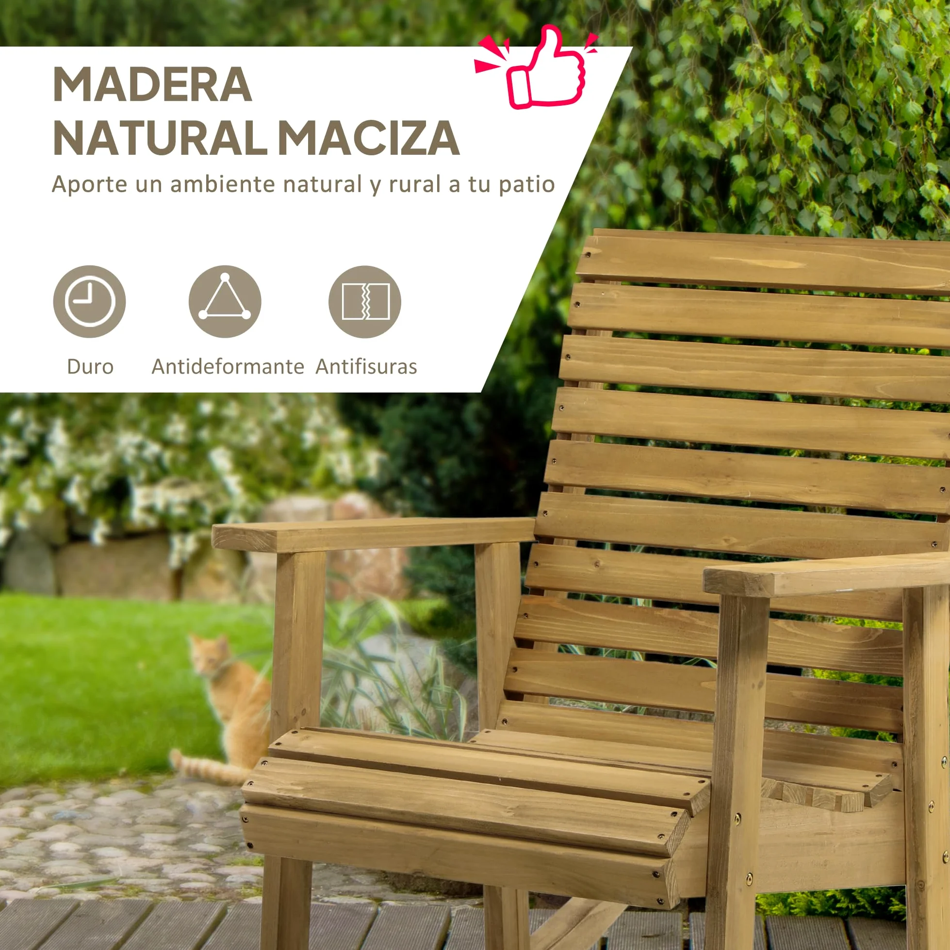 Outsunny Silla Mecedora de Madera de Abeto Mecedora Balancín con Reposabrazos y Diseño de Lamas Carga 130 kg para Jardín Terraza Patio Porche 86x64x85 cm Natural