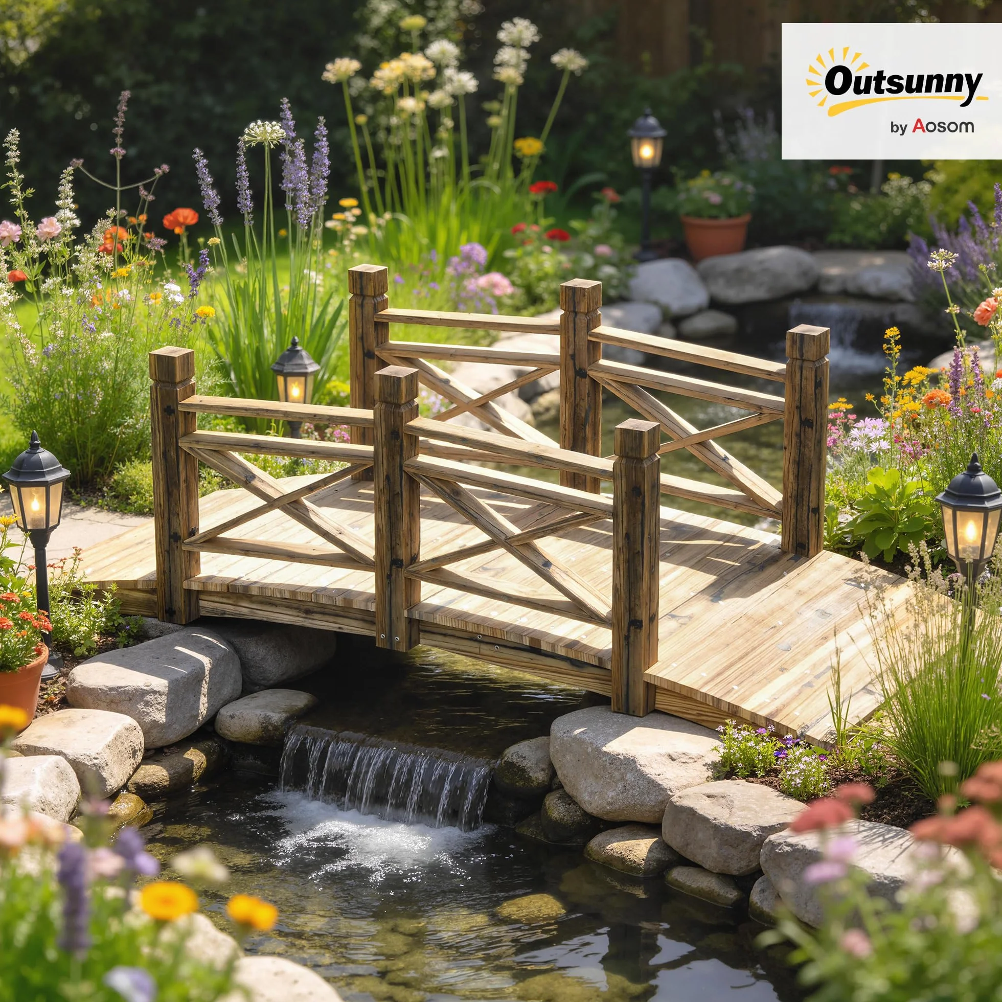 Outsunny Puente de madera con barandilla, puente de jardín de madera de abeto, puente para estanque con aspecto antiguo, transitable, hasta 200 kg, resistente a la corrosión, puente decorativo para