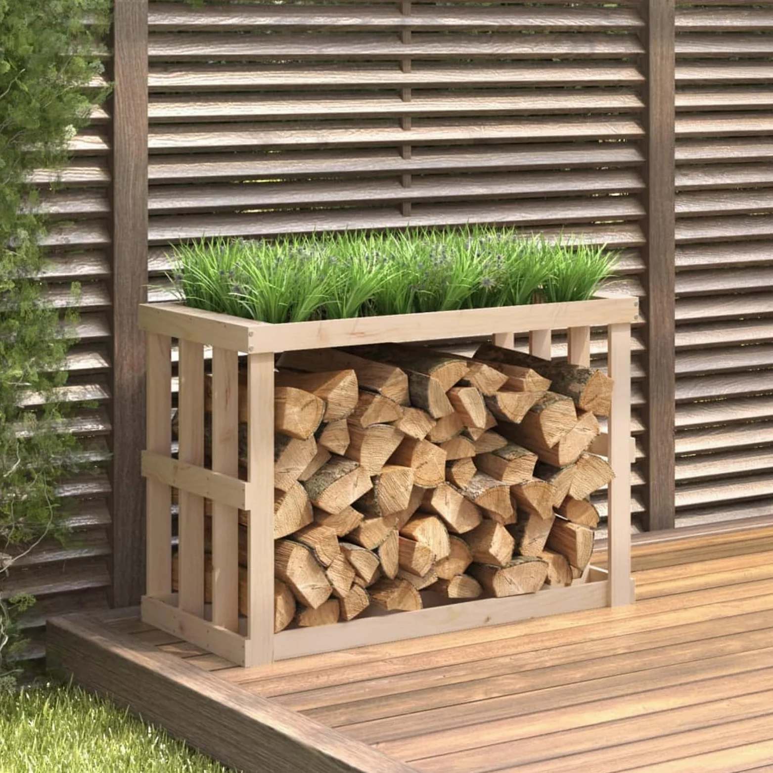 Homgoday Estantería para leña de chimenea, soporte para leña de chimenea, soporte apilable para leña con maceta superior, 108 x 52 x 74 cm, madera maciza de pino