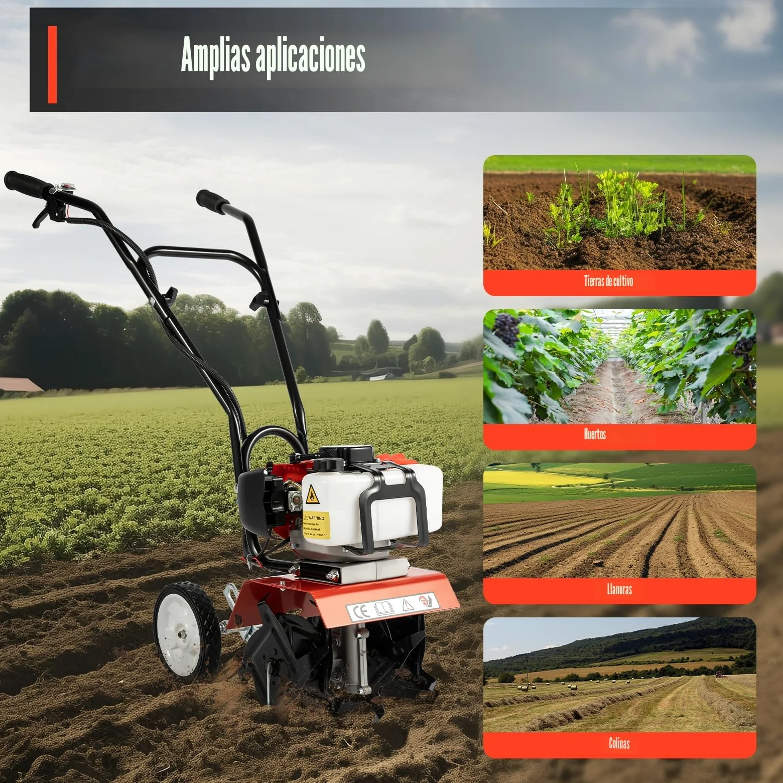 DIFU Motoazada de gasolina para jardín, 52 ccm, cultivador, 1900 W, motor de gasolina de 2 tiempos, ancho de trabajo de 300 mm, profundidad de trabajo de 120 mm, 4 peonzas con 4 cuchillos de acero al