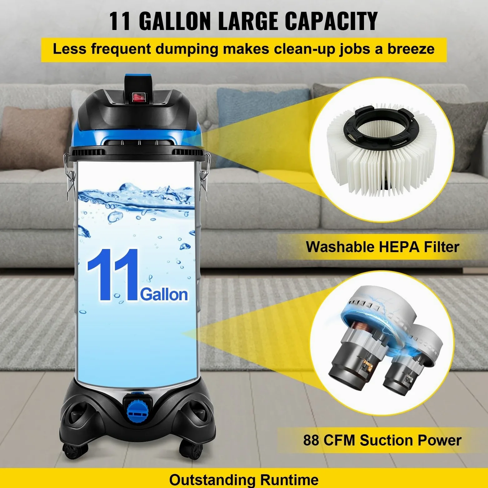 Colector de extractor de polvo Wet & Aspiradora en Seco 6.5-13.5 Gal. de filtración HEPA for la limpieza del hogar y del lugar de trabajo(11 Gallon (40 L))