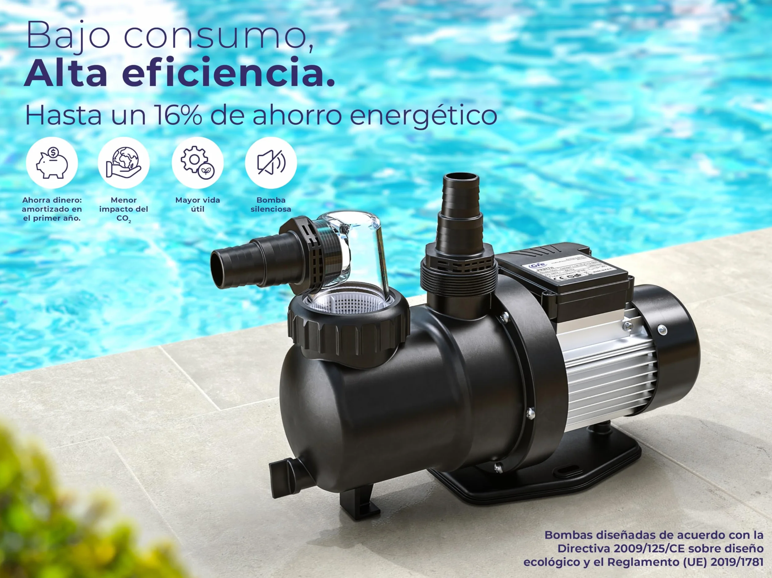 Bomba de Filtración para Piscina, 450 W, 8,5m3/h, Hasta 50 m3, Filtro 400 mm, Acorde a la Directiva Europea de Ecodiseño - Gre PP052