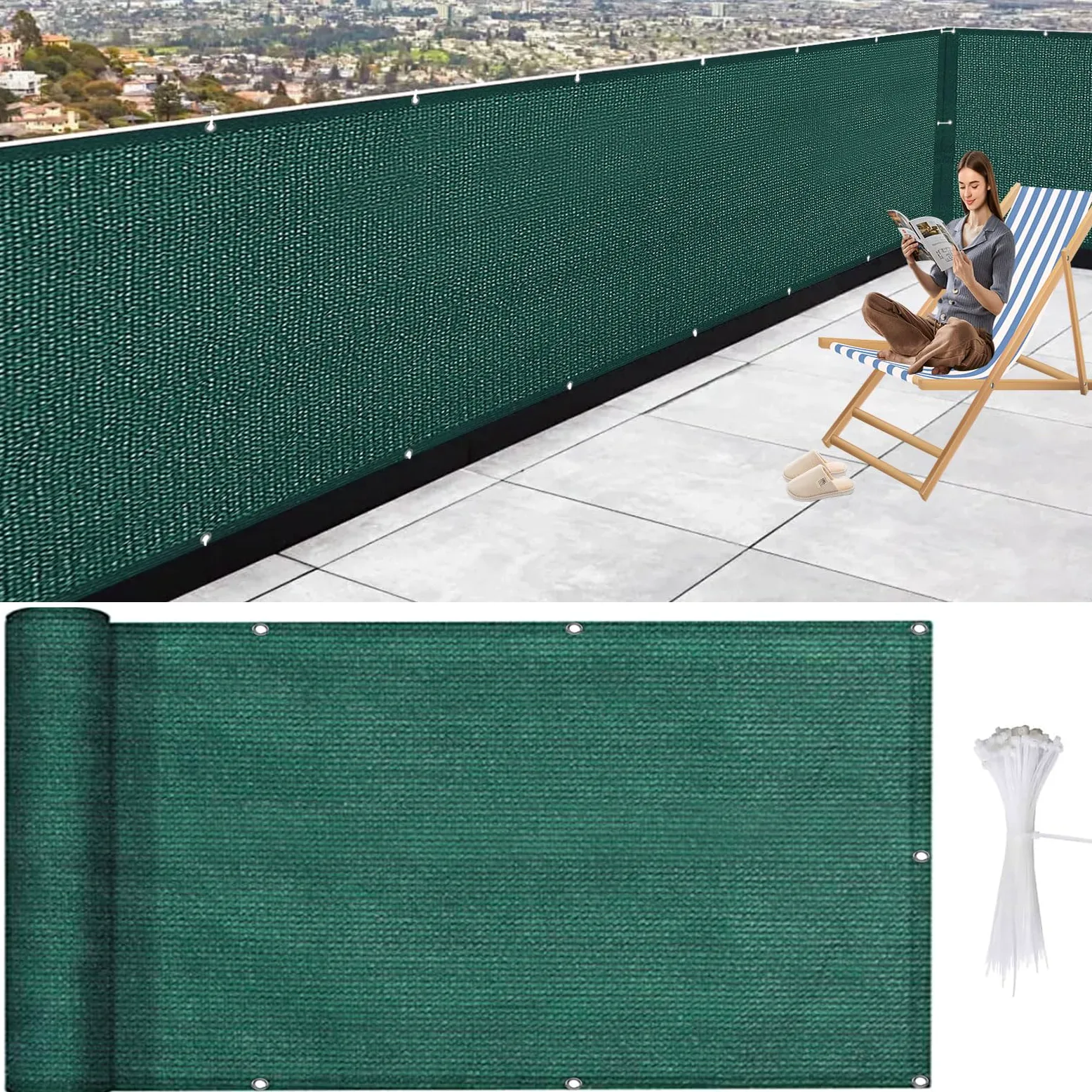 Pantalla Privacidad Balcón 120 x 620 cm Hdpe, Protección UV, Resistente Al Viento Malla Sombreo con Ataduras de Cables Protección de Privacidad para Jardín Exterior, Verde Oscuro