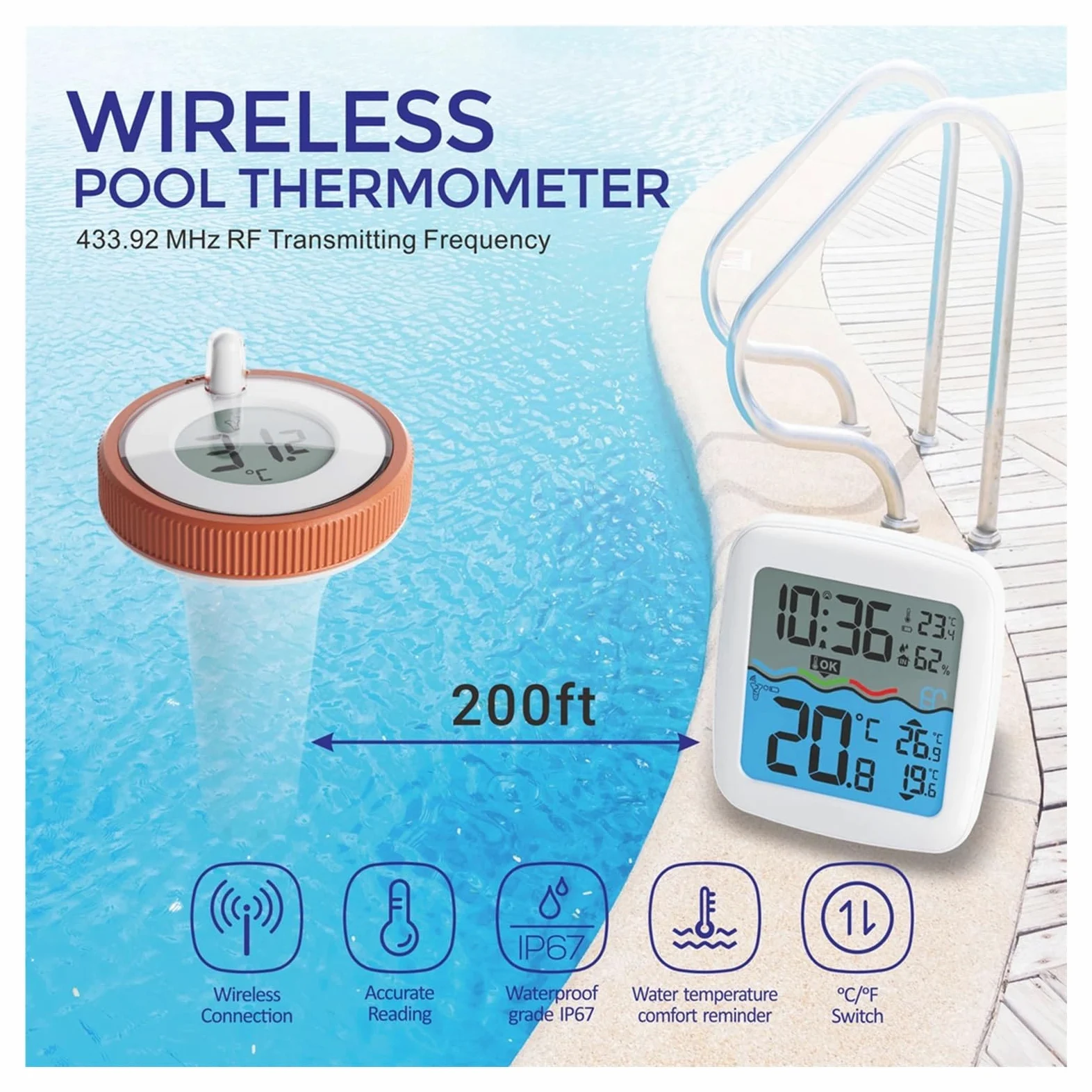 Termohigrómetro Termómetro Digital Flotante For Piscina, Control Remoto Inalámbrico, Termómetro Interior For Exteriores, For Piscina, Baño, Agua, Spas, Acuarios