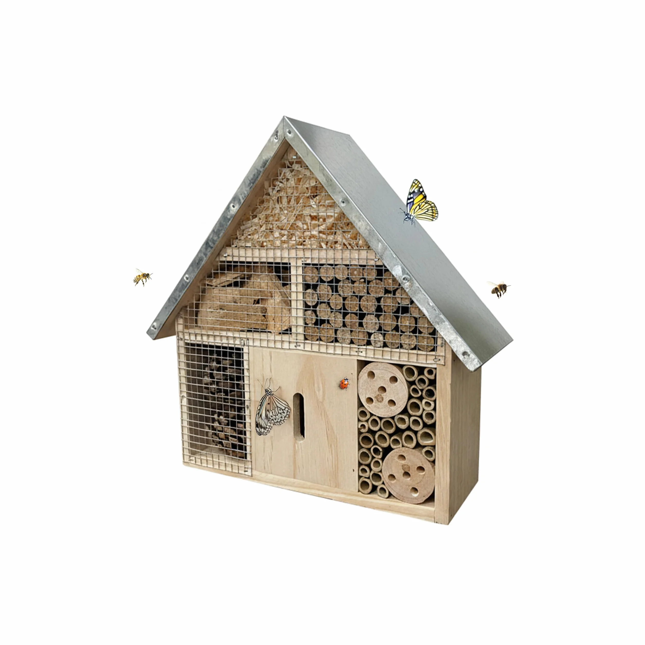 Relaxdays Hotel para Insectos en Madera con Techo Metálico Resistente, 28x30x9 cm, para Colgar, Natural/Plateado