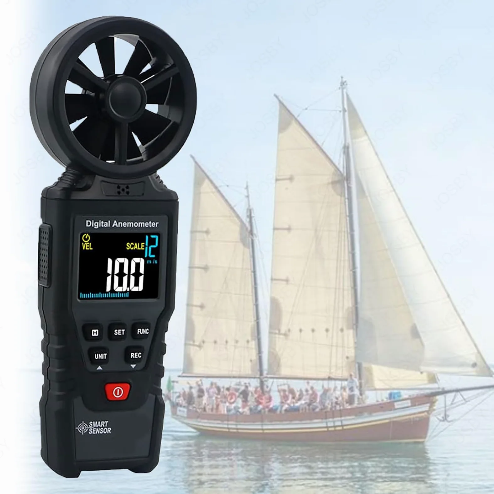JOSBY Anemómetro con Pantalla Digital LCD, medidor de Flujo de Aire para medir la Velocidad del Viento, la Temperatura y la sensación térmica, Tiempo de muestreo de 0,5 s/Pieza, para Volar y Escalar