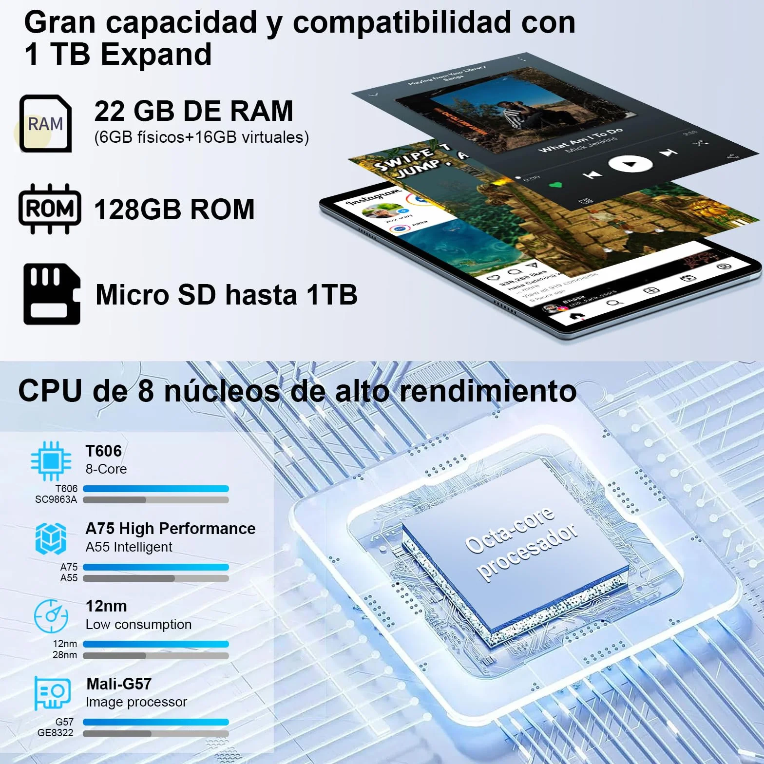 Tablet 10 Pulgadas Android 14, 22GB RAM+128GB ROM Octa-Core, 5G WiFi, 8000 mAh, 1TB TF, Gris