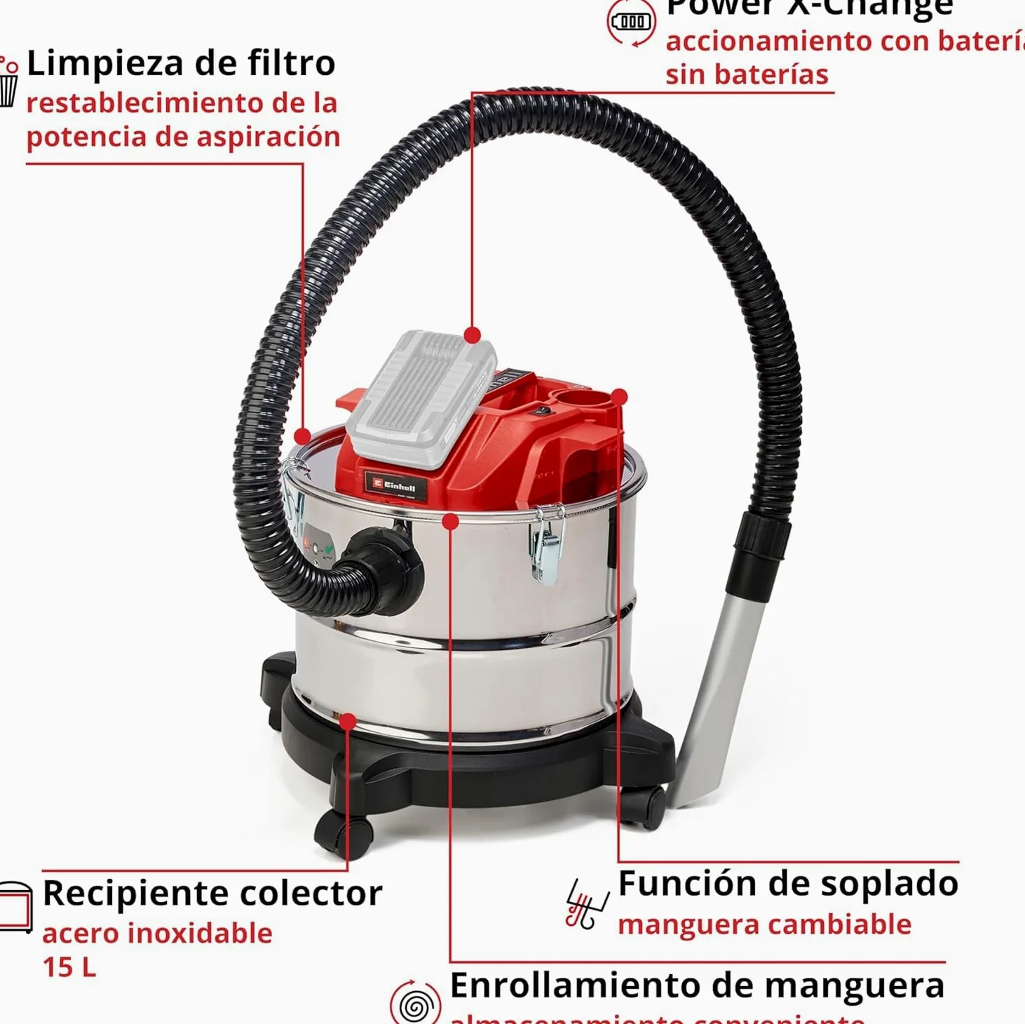 Einhell Aspirador de cenizas inalámbrico - TE-AV 18/15 Li C-Solo PXC. Li-ion, 100 mbar, sistema de limpieza de filtros, recipiente de recogida de 15 L. Suministrado sin batería ni cargador