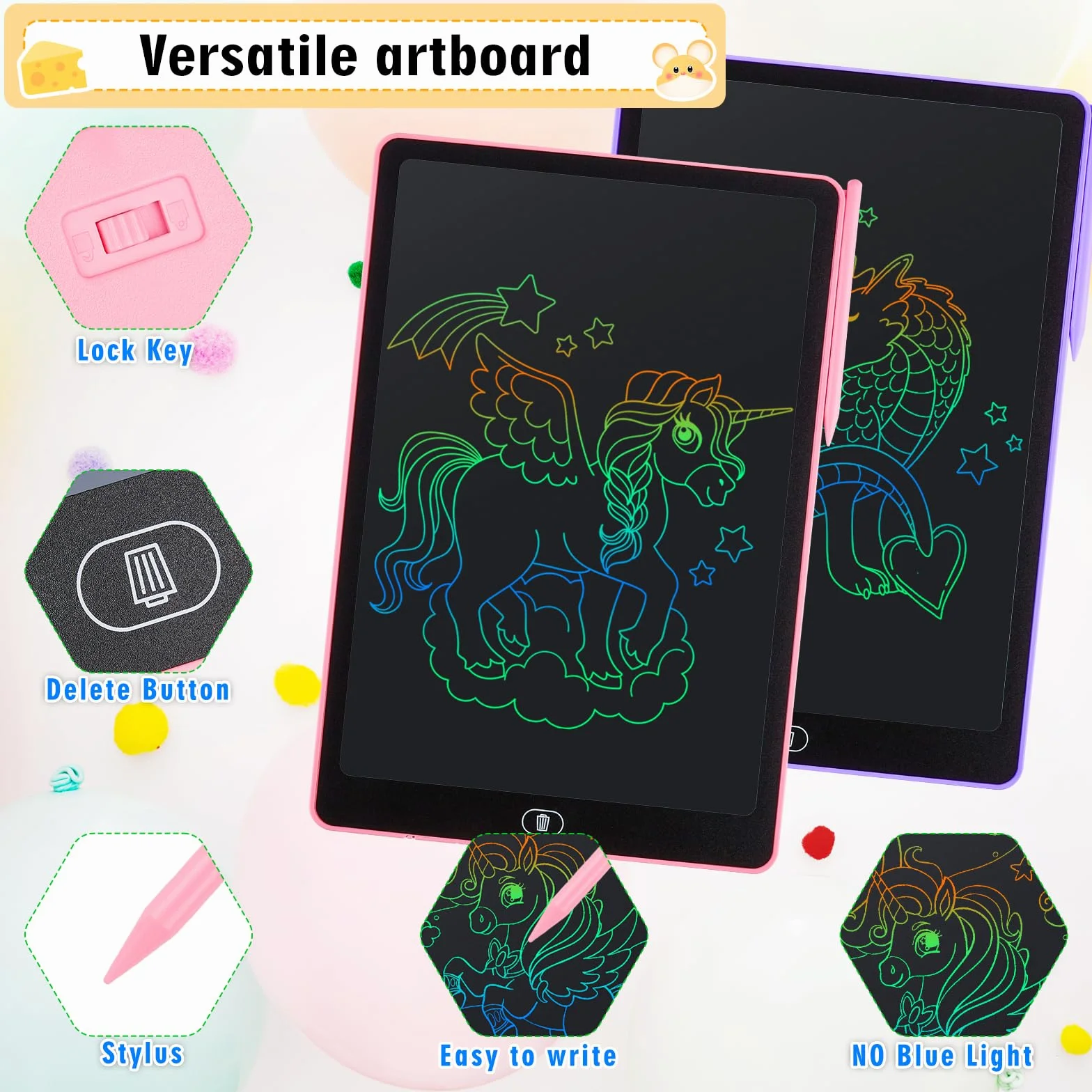 Tableta de Escritura LCD 16 Pulgadas con Pantalla Colorida, Cuaderno Borrable para Niños, Rosa y Púrpura