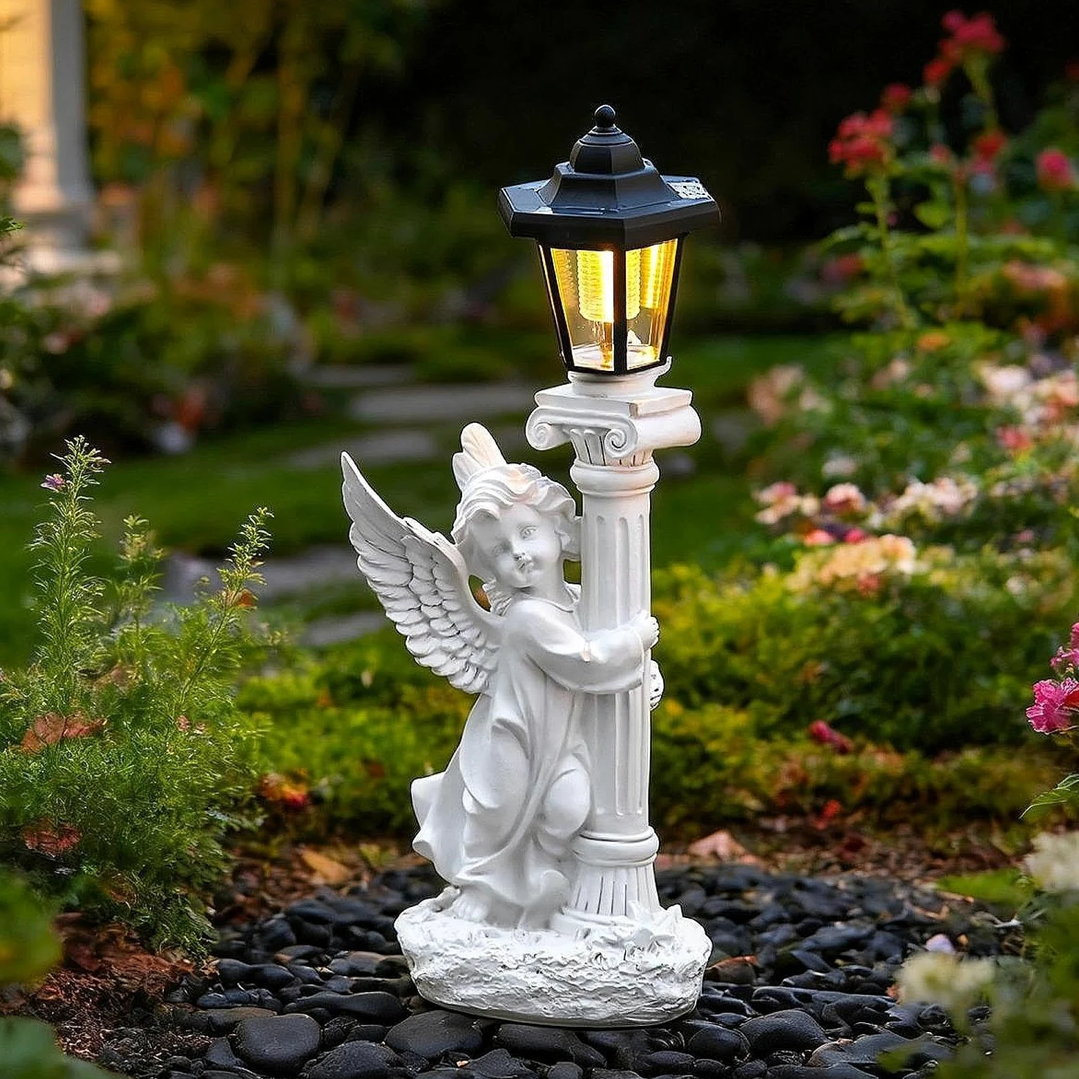 Fenteer Estatua con Pilar Romano Y Linterna Regalos para Mujeres Y Mamás. Escultura de Resina para Decoración de Exteriores, Izquierda