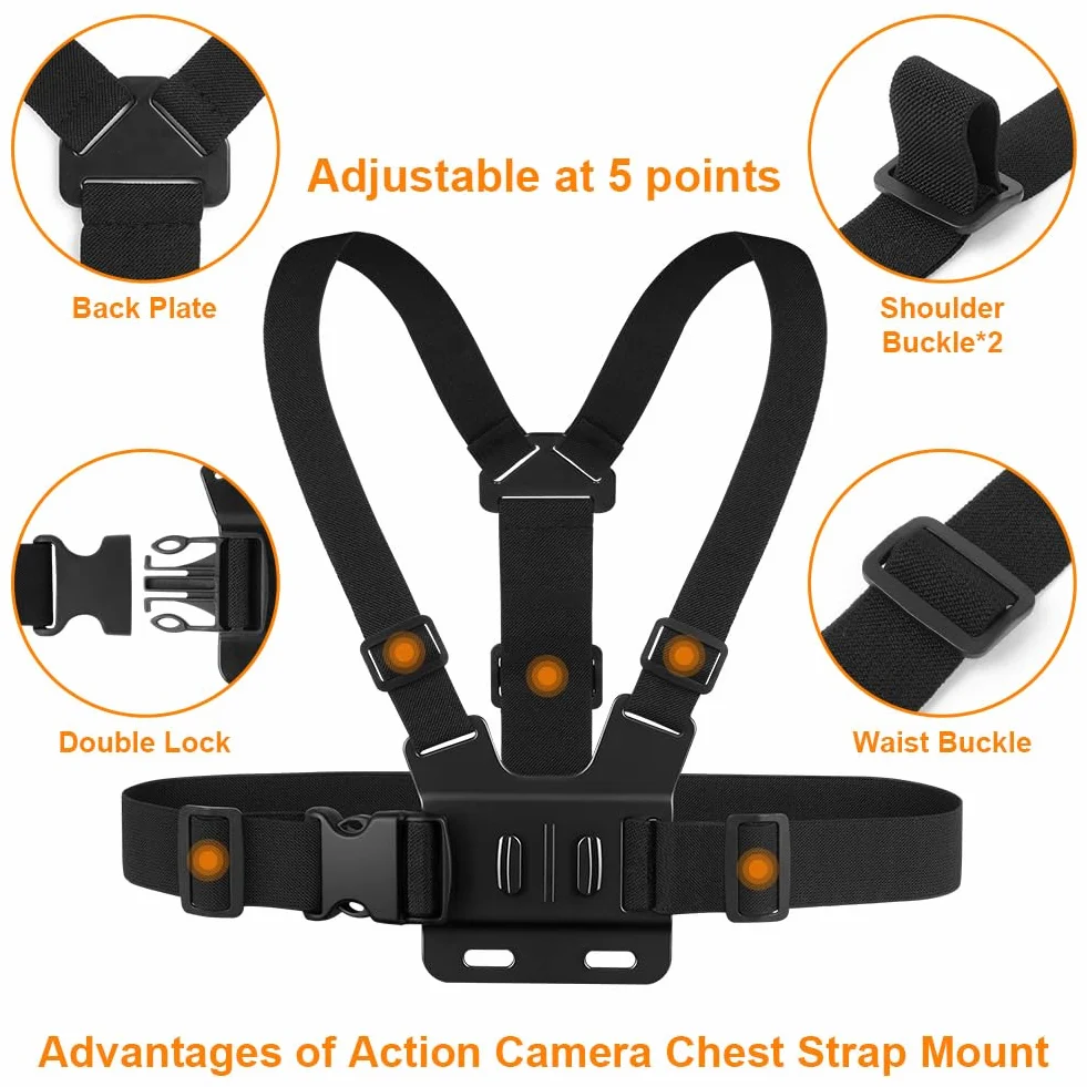 Set de Accesorios para Cámara de Acción GoPro, Arnés de Pecho y Correa de Cabeza Ajustable