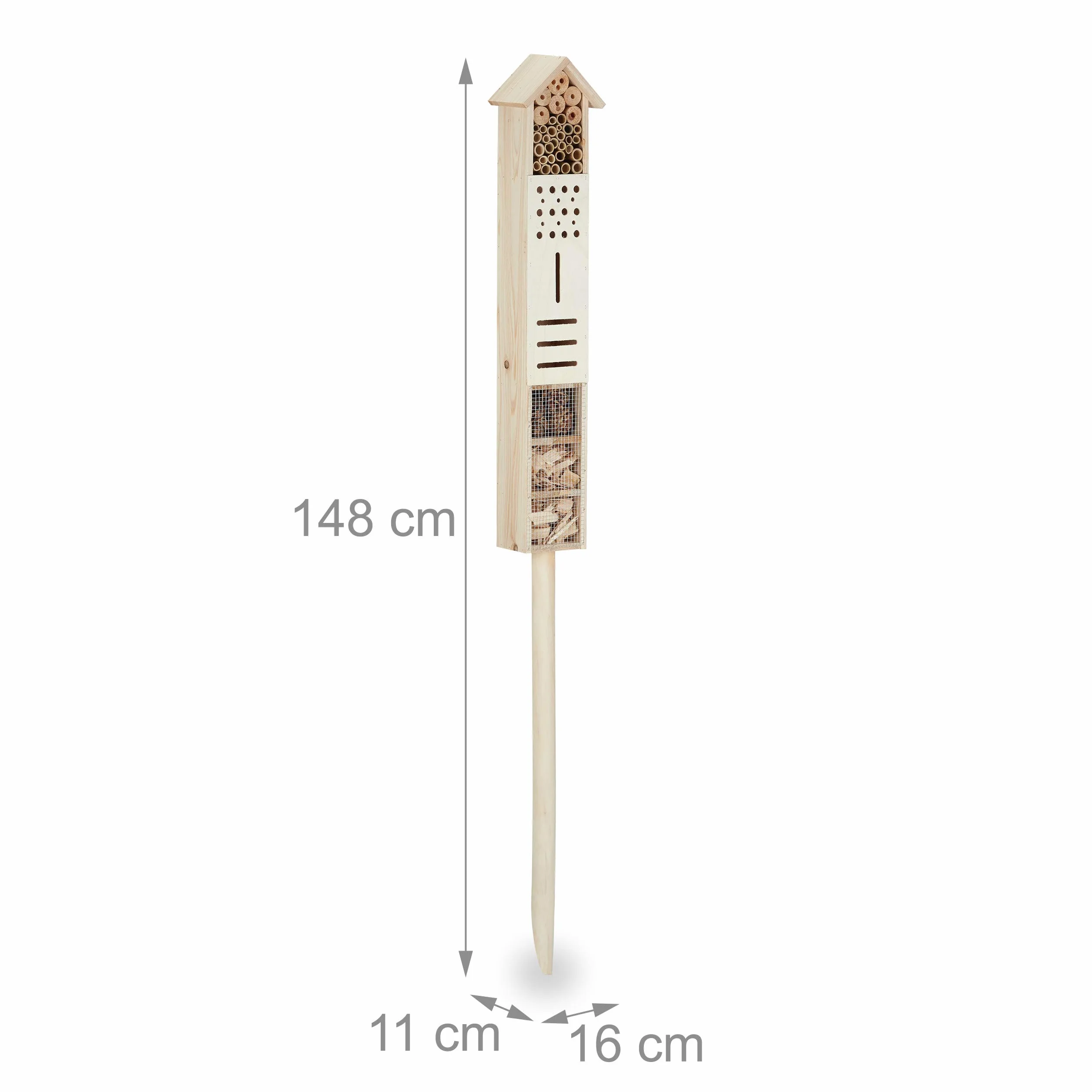 Hotel para insectos Relaxdays con espiga para el suelo, ayuda a la anidación, grande, de pie, hotel de abejas silvestres, madera, 148 cm de altura, natural, 148 x 16 x 11 cm