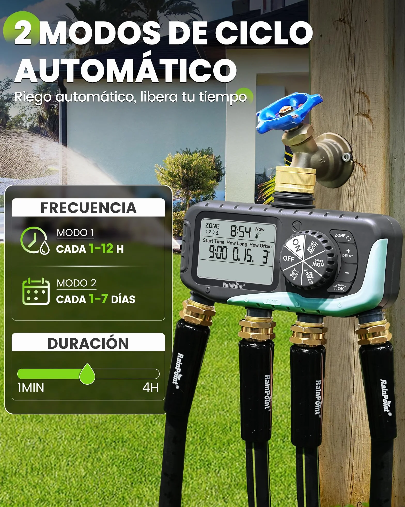 RAINPOINT Programador Riego 4 Salidas, Entrada y Salida de Latón, Impermeable IP65, Temporizador de Riego Automático con Retardo de Lluvia/Riego Manual, para Invernadero, Césped y Jardín