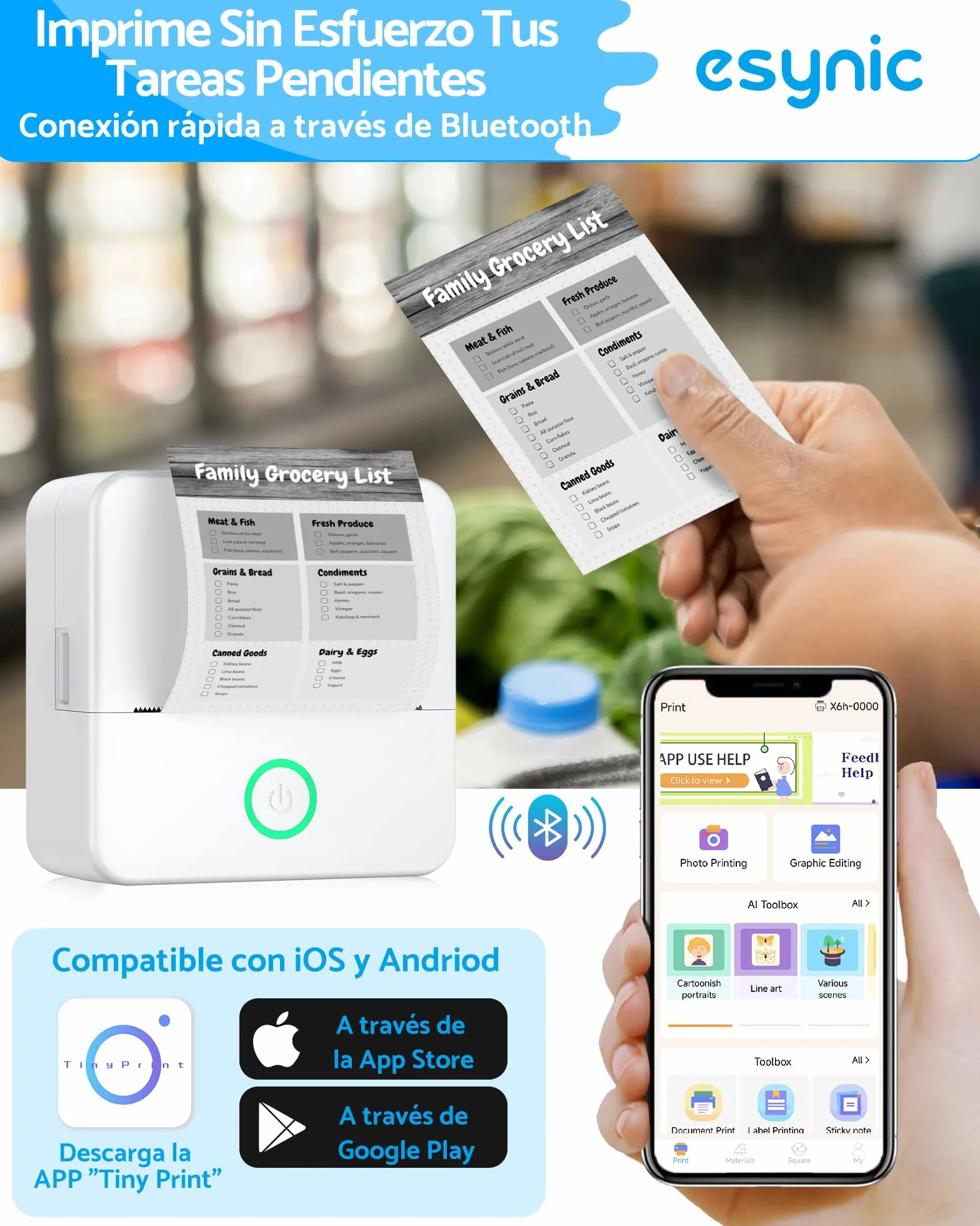 eSynic Mini Impresora Fotográfica Portátil con 10 Rollos Papel, Bluetooth Térmica Sin Tinta