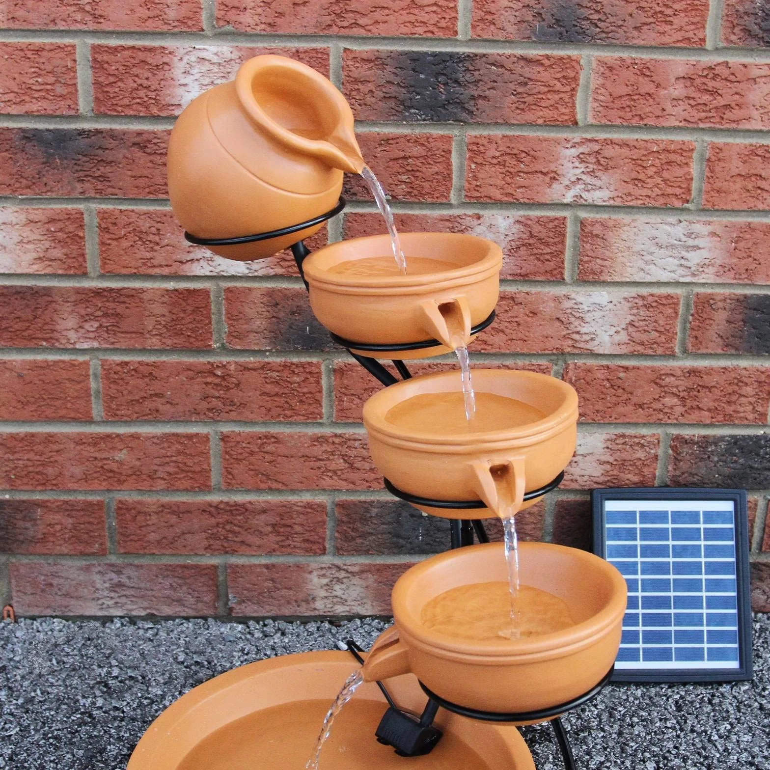 Fuente solar en cascada Terracota 4 niveles - Decoración al aire libre Jardín Terraza Bebedero - Batería 6H [estaca de tierra con panel solar incluido]