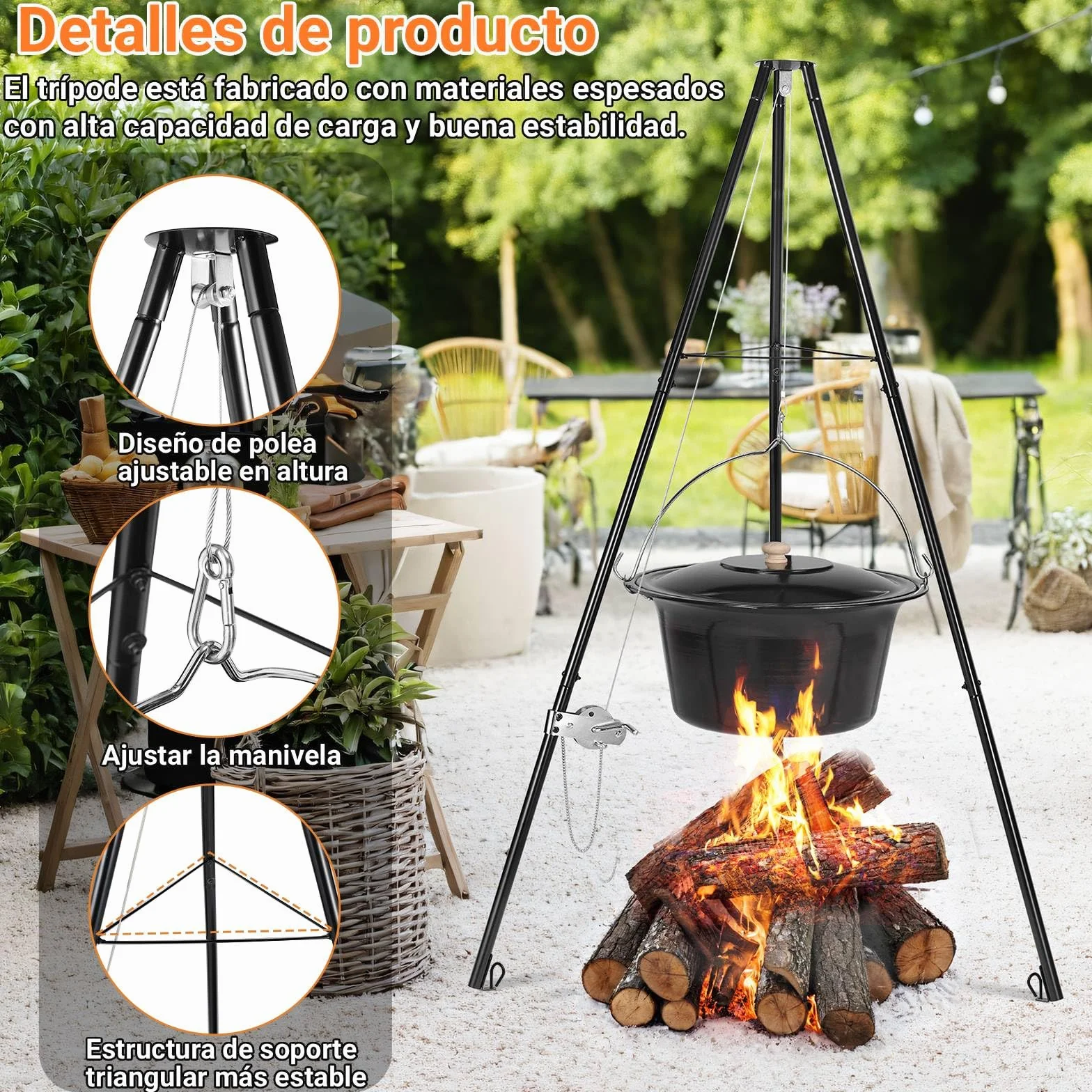 Hervidor para Goulash de 30L con Trípode y Cuchara, Hervidor para Gulash Original Húngaro, Olla para Gulash Esmaltada, con Cadena de Altura Ajustable, Juego de Olla para Gulash, para 25-30 Personas