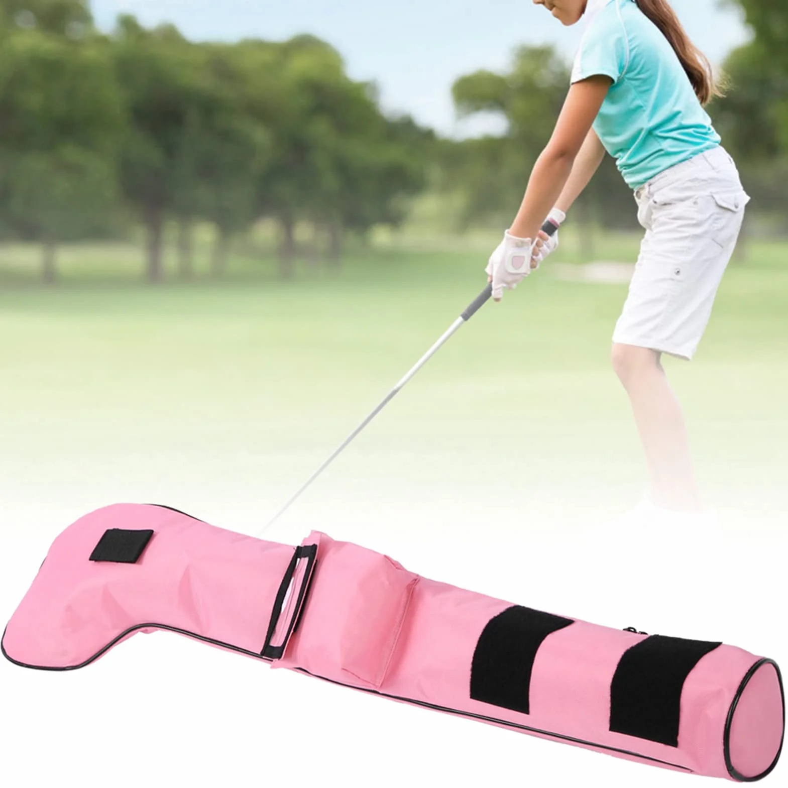 VBESTLIFE Torba Nylonowa na Kije Golfowe, Przenośna Nieprzemakalna Składana dla Dzieci (Różowa)