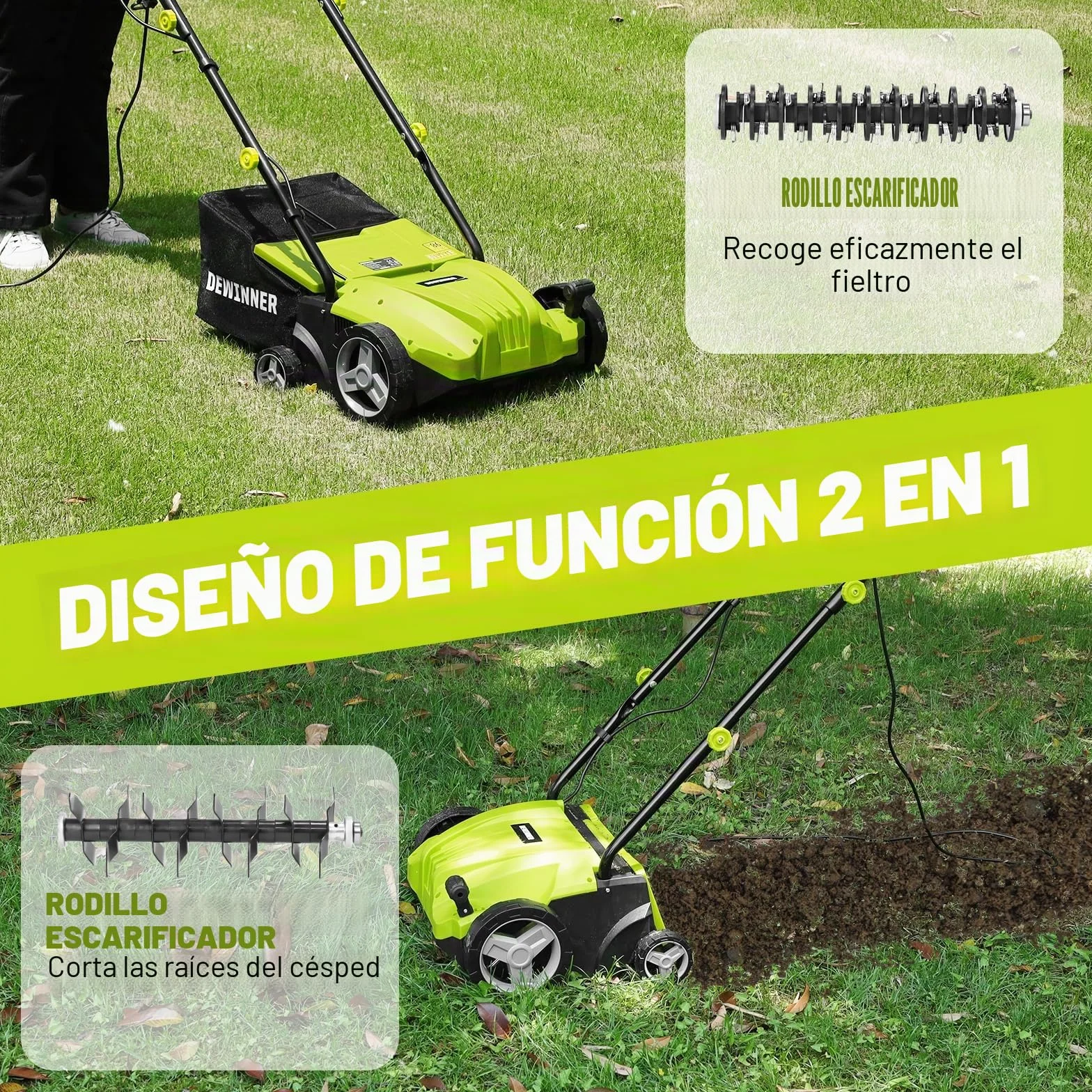 DEWINNER Escarificador eléctrico 2 en 1, aireador de césped 1500W, 32 cm de Ancho de Trabajo, Cesta de Recogida de 30 l, Ajustable en 4 Niveles de -12 Biz + 4 mm