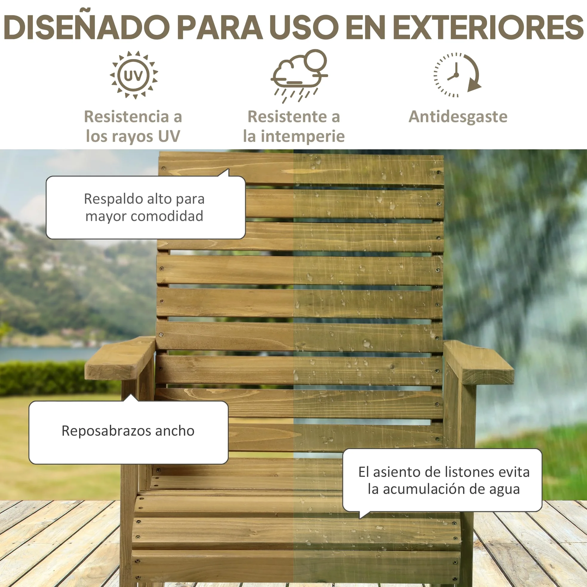 Outsunny Silla Mecedora de Madera de Abeto Mecedora Balancín con Reposabrazos y Diseño de Lamas Carga 130 kg para Jardín Terraza Patio Porche 86x64x85 cm Natural