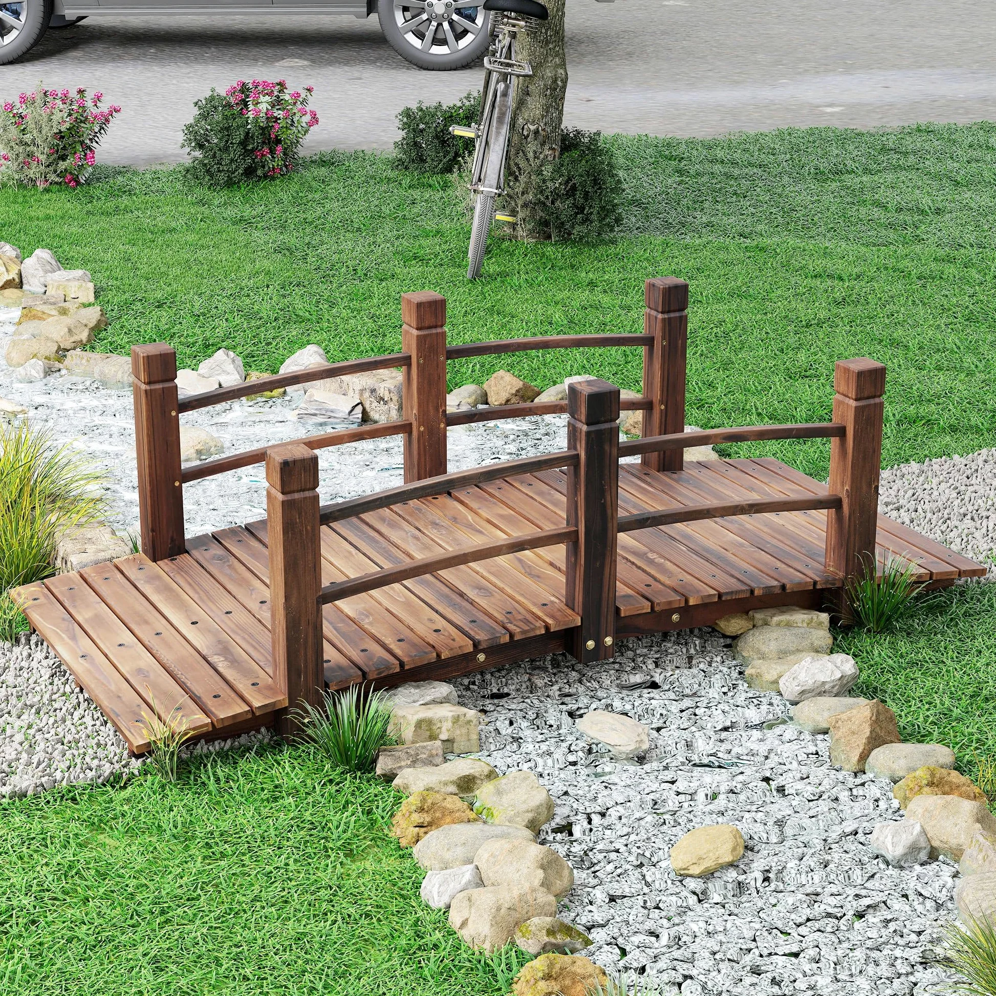 Outsunny Puente de Jardín Madera Carbonizada 152,5x67x48 cm Carga 181 kg Decorativo
