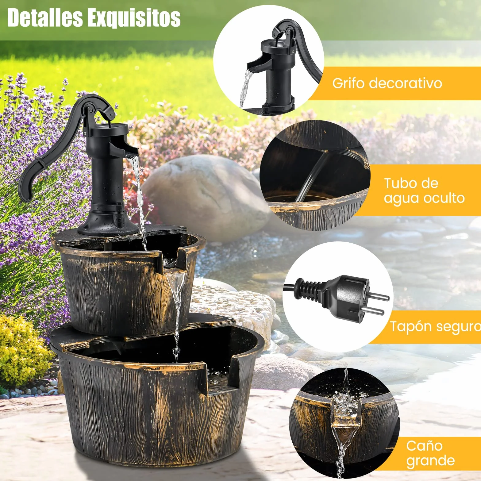 COSTWAY Fuente de Cascada de Barril al Aire Libre de 2 Niveles, Rústica con Bomba Ajustable, 68 cm para Jardín, Patio, Decoración