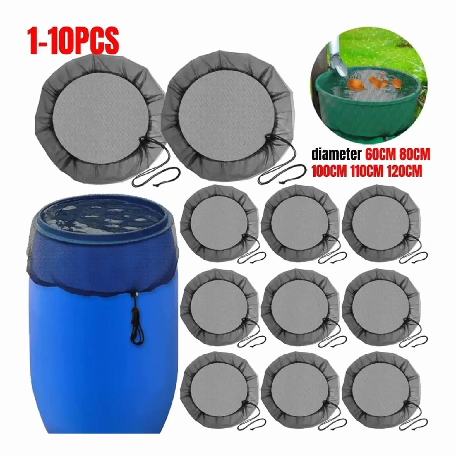 Cubierta para cisternas de Agua de Exterior, Cubierta de Red Barril Lluvia Malla poliéster Ajustable con Filtro cordón, 60-120 cm | 6pcs,120CM
