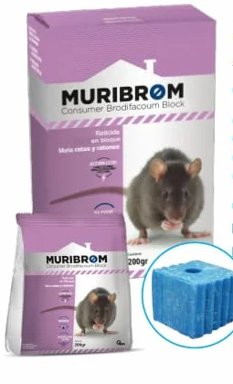 Peyca Raticida en Bloque Azul MURIBROM 200g para Ratas y Ratones, Listo para Usar, Resistente a la Humedad (brodifacoum 25ppm)