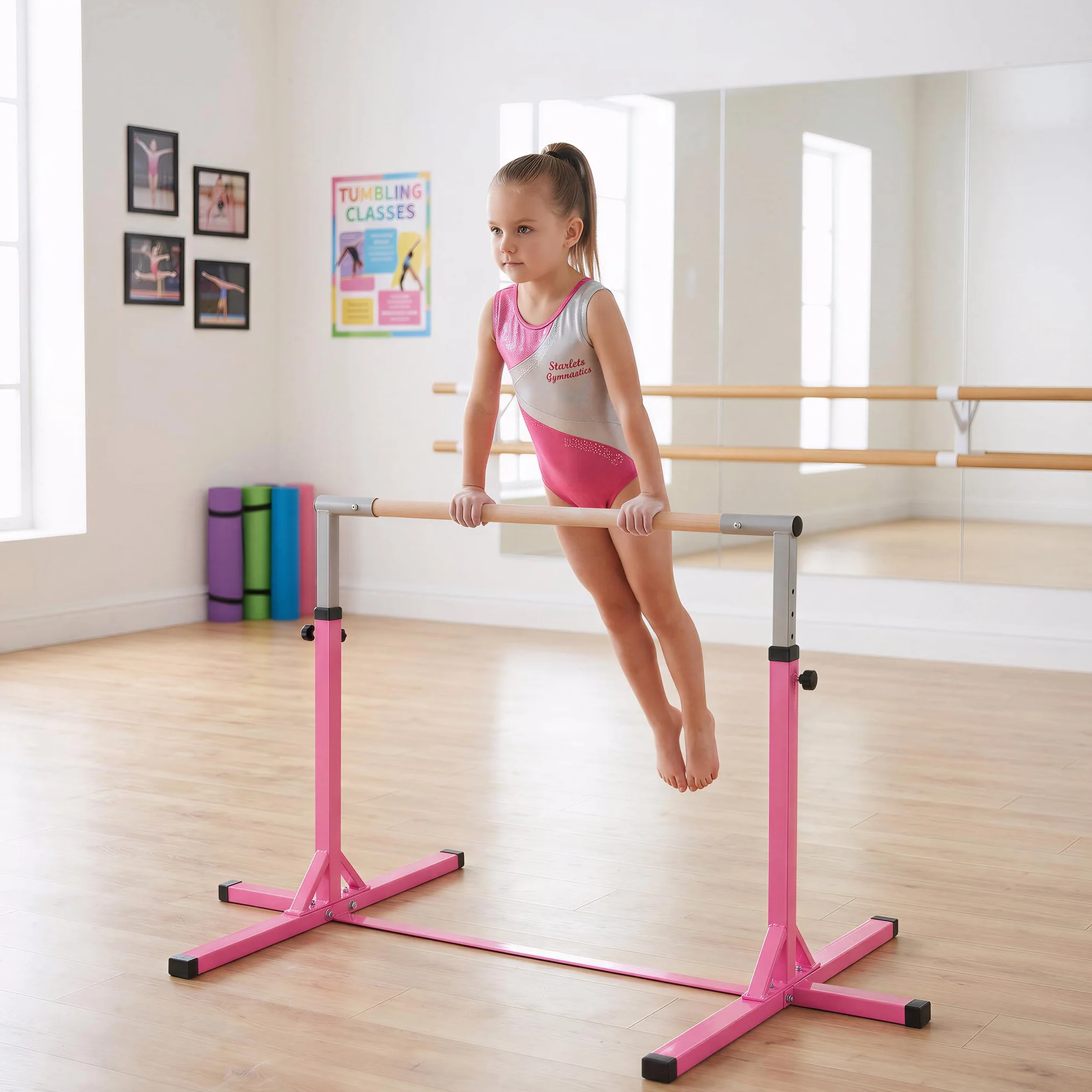HOMCOM Barra de Gimnasia para Niños Altura Ajustable 92-150 cm Carga 75 kg 194x121x150 cm