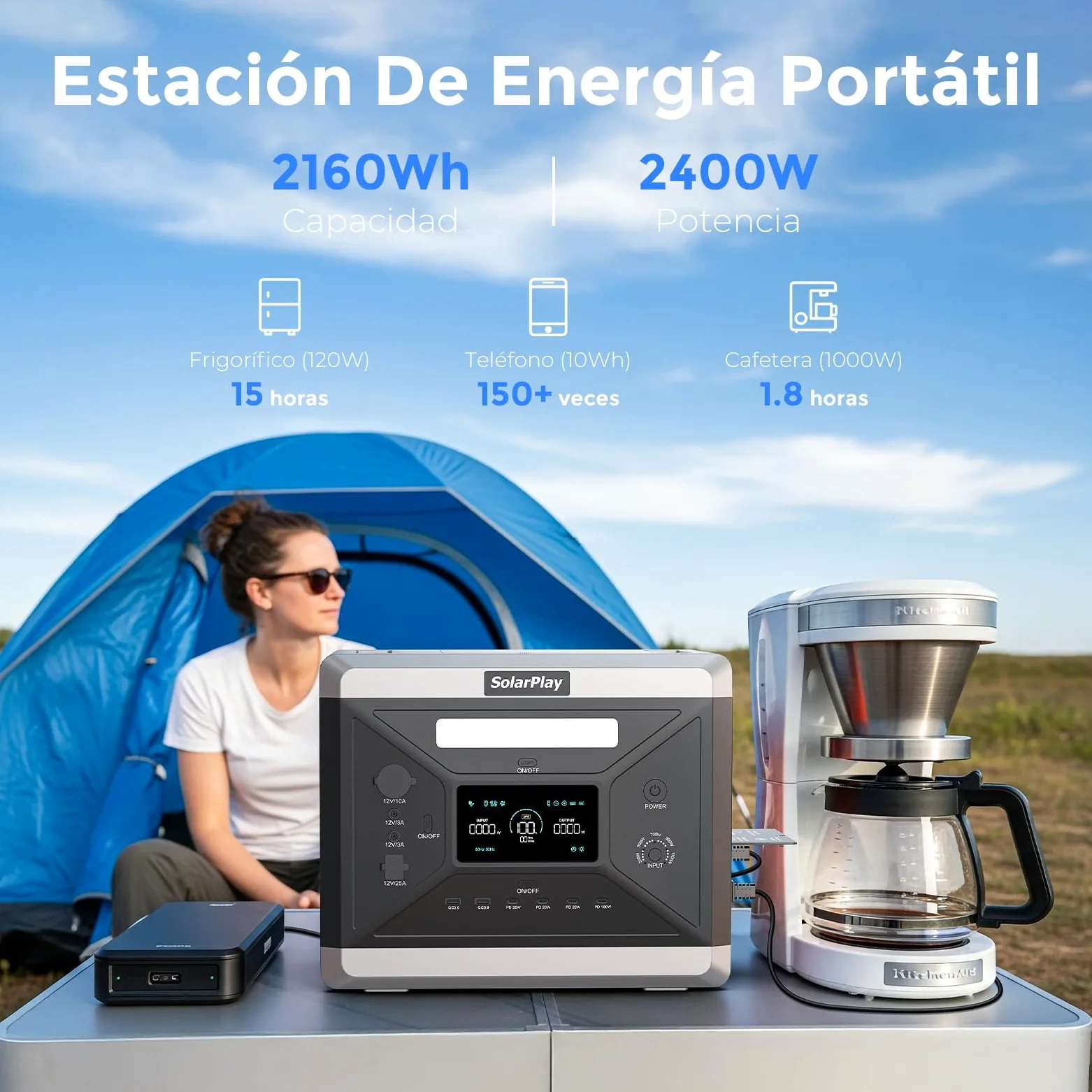 Estación de Energía Portátil SolarPlay Q2501, 2160Wh Batería LiFeP04, 100W USB-CSalida(12 puertos), Carga Completa Rápida 2h vía, Generador Solar para Exteriores, Camping, Emergencia (2400w+400w)