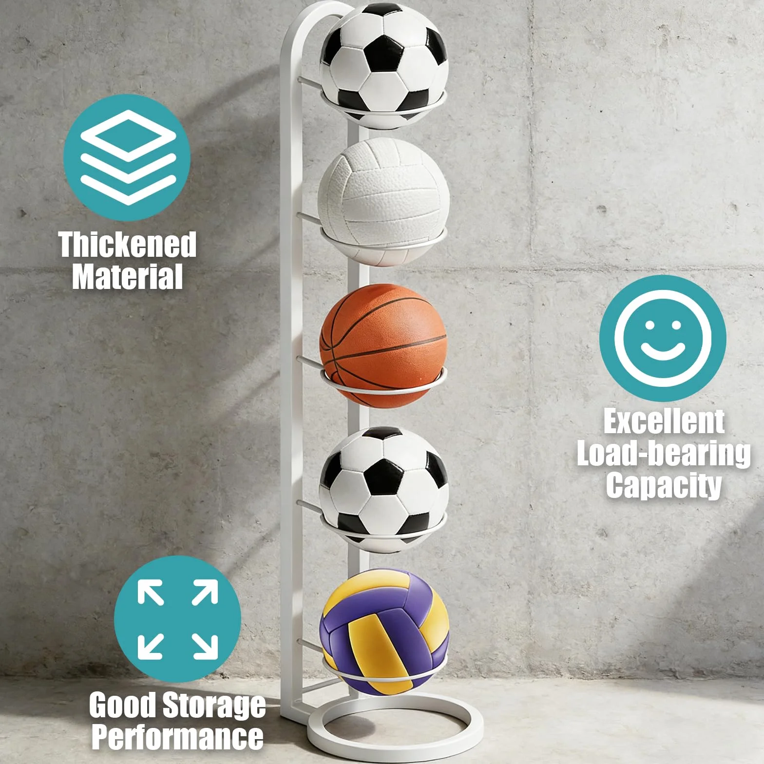 Estante para balones vertical 5 capas, porta balones de baloncesto voleibol fútbol blanco