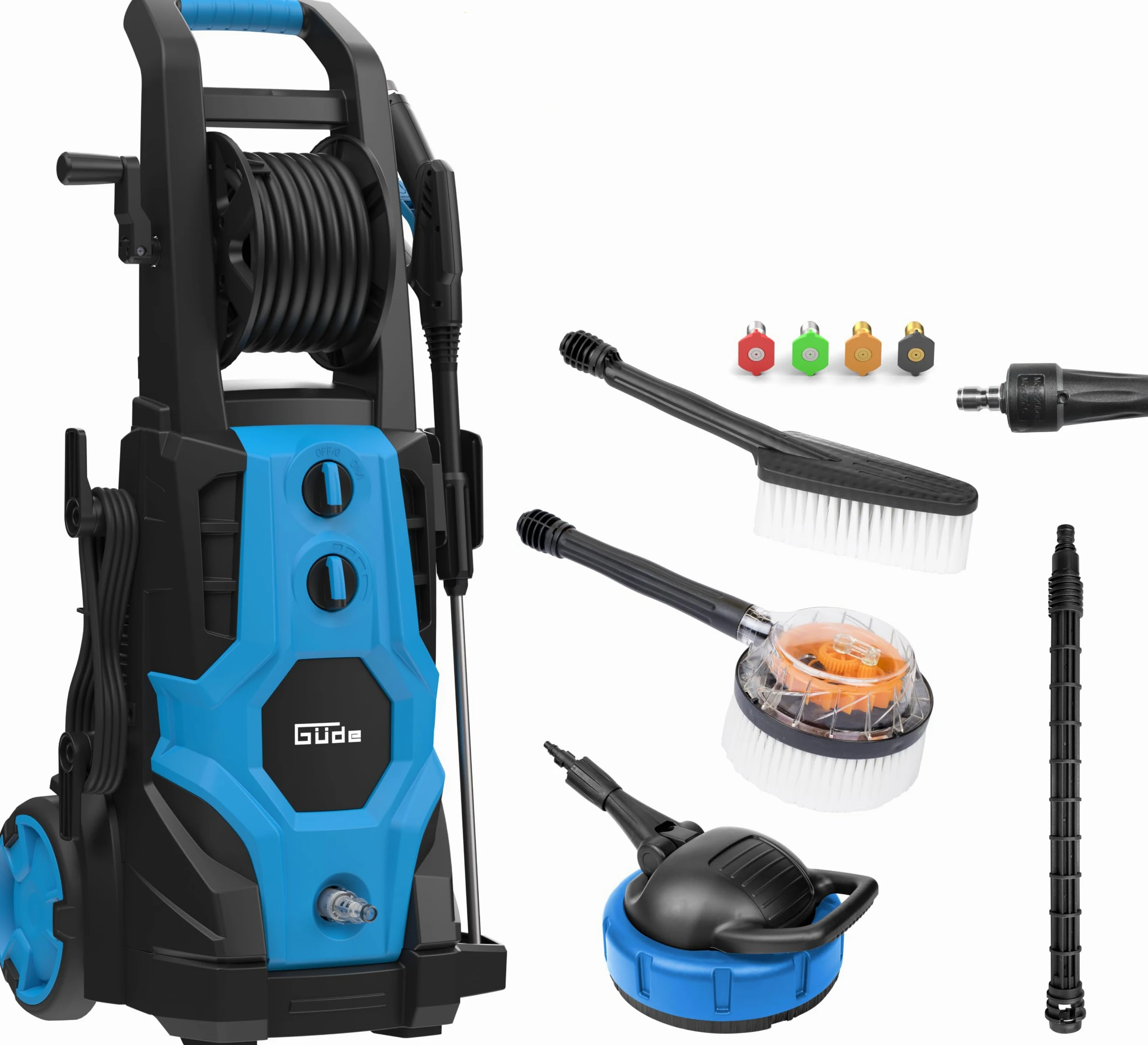 Güde Lavadora de Alta presión GHD 3200-225 (230 V, 3200 W, 225 Bar máx. presión, 540 l/h máx. de elevación., Manguera y Tambor HD de 6 m, Pistola HD con 4 boquillas, ensuciador, Cepillo Triangular y