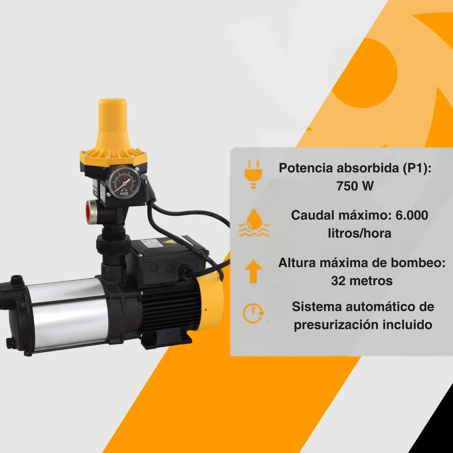 ESPA LEADER Grupo de Presión MISTRAL 90 4M 02, Bomba Aguas Limpias con Kit de Presión, 750 W, Caudal Máx 6.000 l/h, Altura 32 m, Uso Doméstico, Riego y Conjuntos Hidroneumáticos, Acero de Fundición