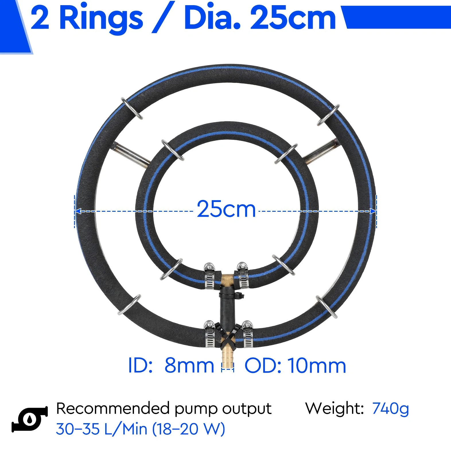 efuturetime Aireación para Estanque, Anillo de Aireación de φ25 cm, 2 en 1 Anillos de Acero Inoxidable 304, Aireador de Estanque con Manguera de 5 m y φ9 mm