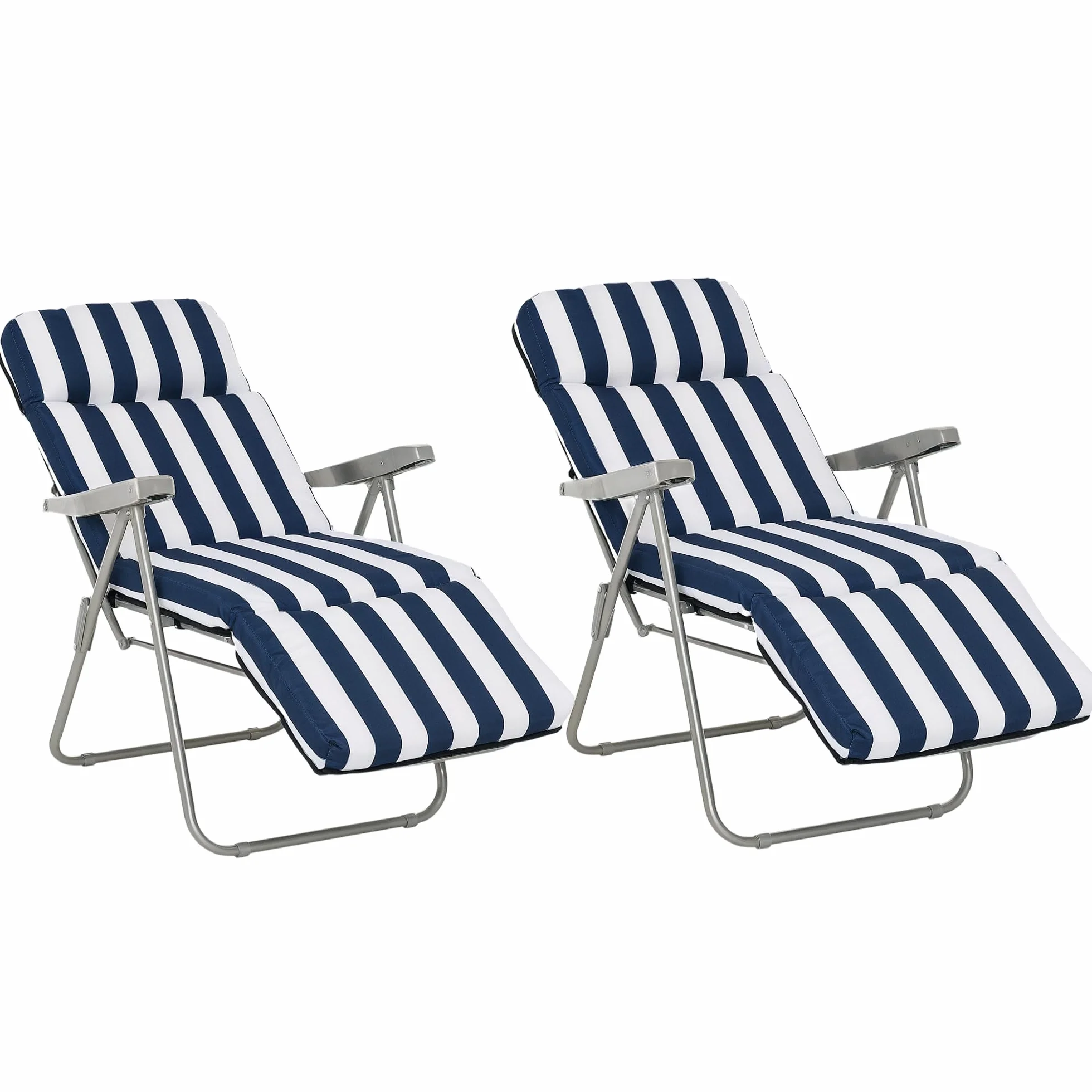 Outsunny Pack de 2 Tumbonas Plegables Tumbonas de Jardín Exterior con Cojín Acolchado, Respaldo Ajustable en 5 Posiciones, Reposapiés y Marco de Acero, 60x75x65-102 cm, Azul y Blanco