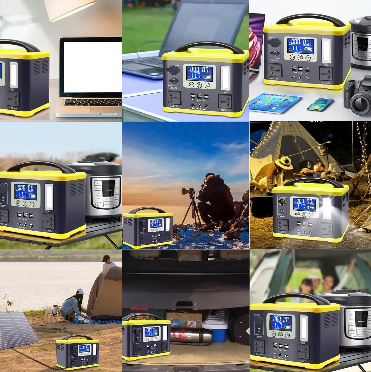 Batería de Litio Estación de energía portátil 1000Wh Generador Solar LiFePO4 Paquete de batería con 2x220V Enchufe de CA de Seno Puro / 2xPuertos de CC / 3xUSB 5A / Luz LED