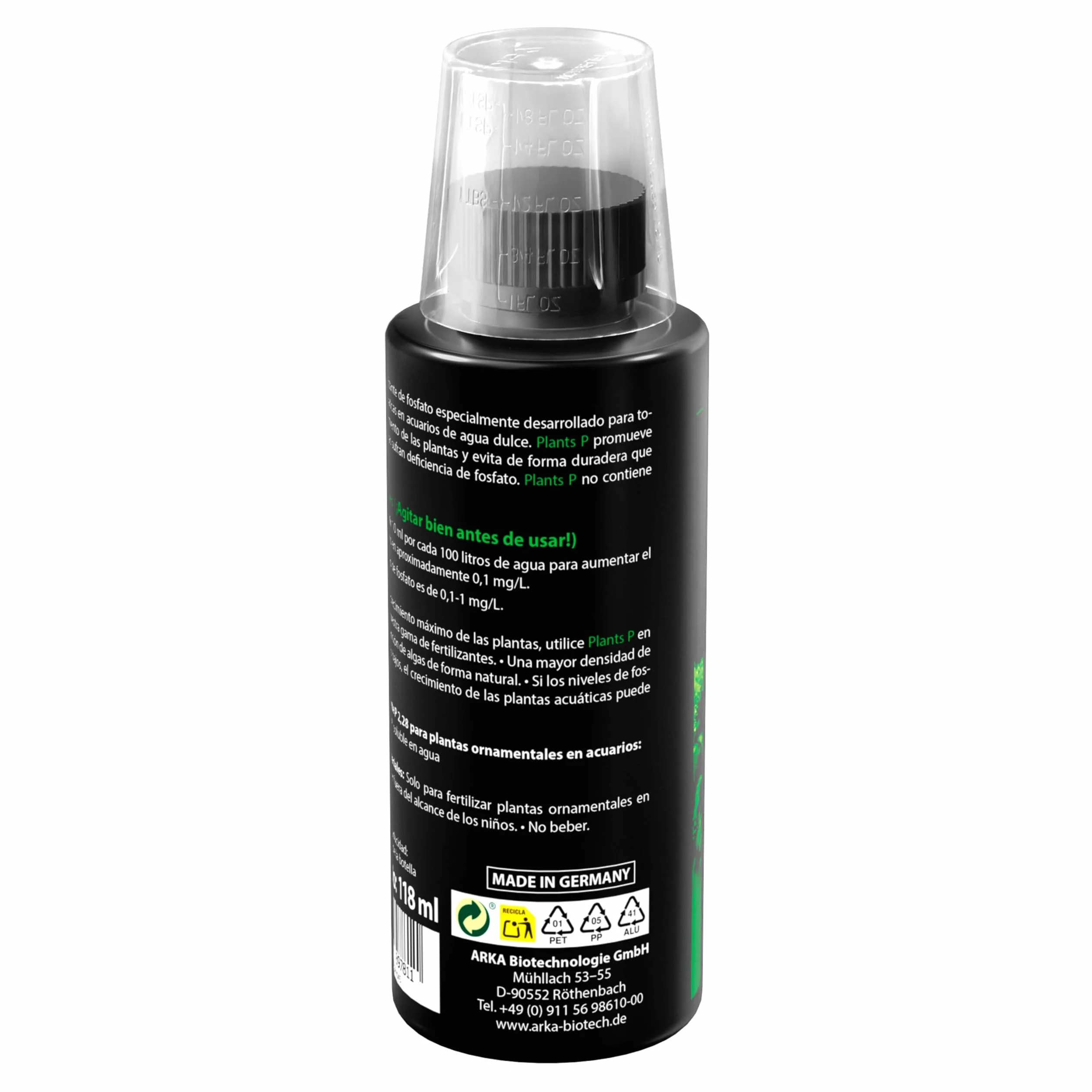 ARKA Plants P - 118 ml - Abono fosfatado Altamente eficaz para un Crecimiento exuberante de Las Plantas en acuarios de Agua Dulce, sin nitratos, Ideal para el aquascaping.