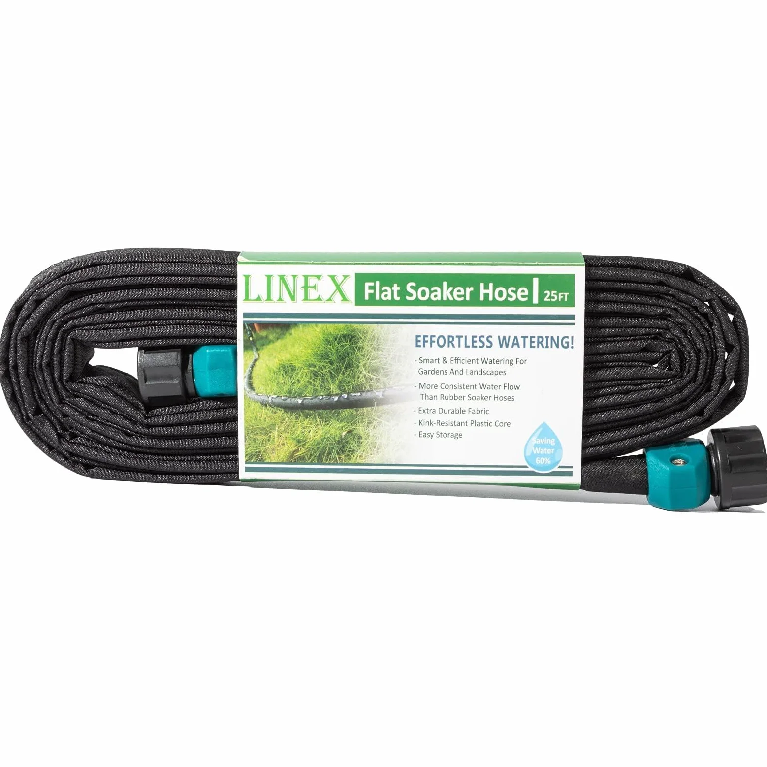 LINEX Manguera plana de jardín de 1/2 pulgadas x 25 pies, 2 paquetes de mangueras de goteo resistentes para ahorrar agua