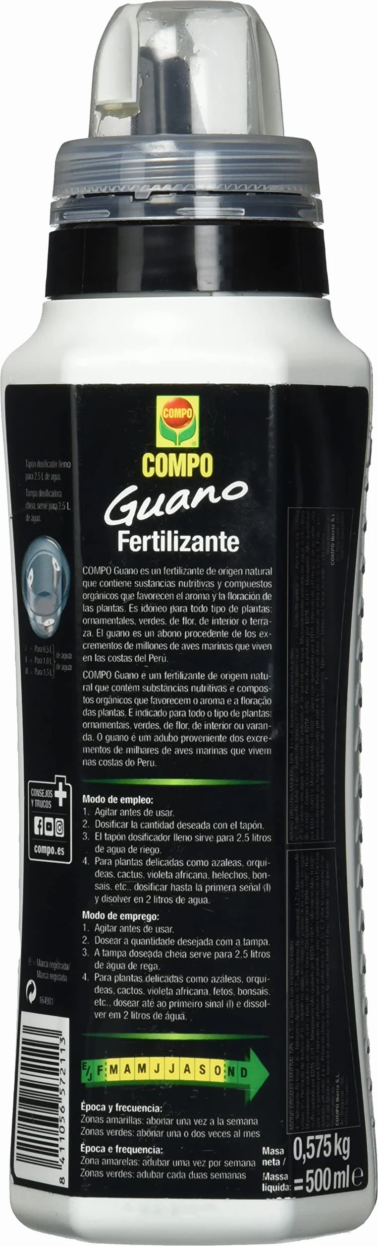 COMPO Fertilizante con guano para plantas de interior, balcón y terraza, Fertilizante líquido, 500 ml