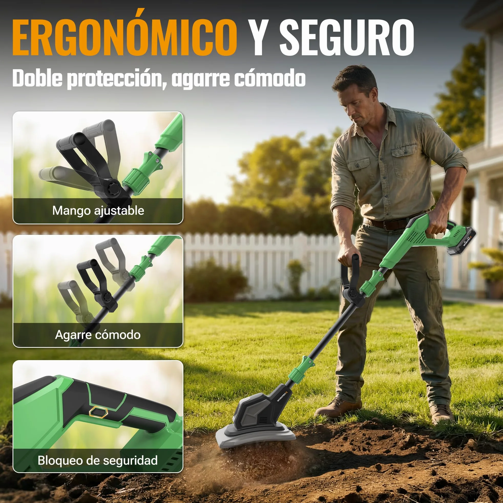 WORKPROX Motoazada Eléctrica a Batería 20V con 4,0Ah, Cultivador de Jardín Inalámbrico, Ancho de Trabajo 20 cm, Profundidad 20 cm, Ruedas Ajustables, Mango Plegable