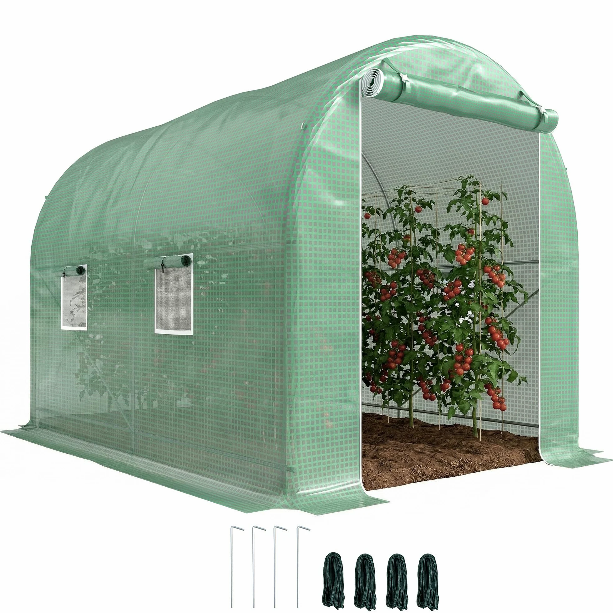 Outsunny – Invernadero de jardín (túnel chasis Tubular reforzados con puertas con cremallera ventanas enroulables verde | Marco tubular reforzado, 4 ventanas enrollables, marco de metal